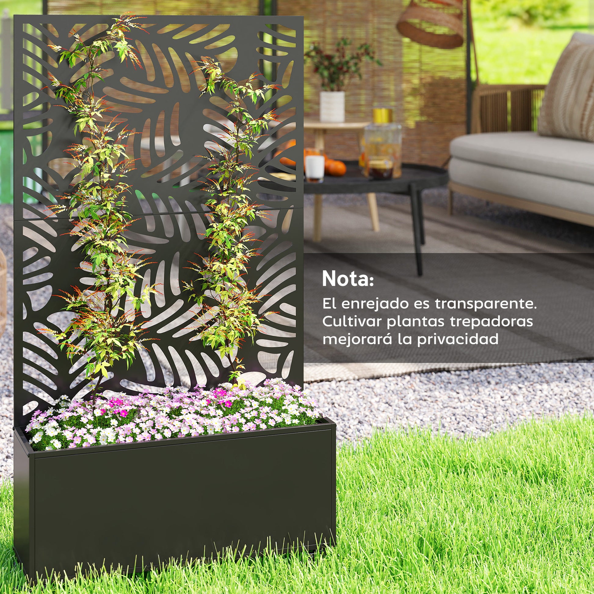 Outsunny Jardinera Exterior Grande de Metal con Ruedas, Jardinera con Pantalla de Privacidad de Hojas de Monstera, Macetero con Enrejado para Plantas Trepadoras, Patio, Terraza, 90x30x160 cm, Negro