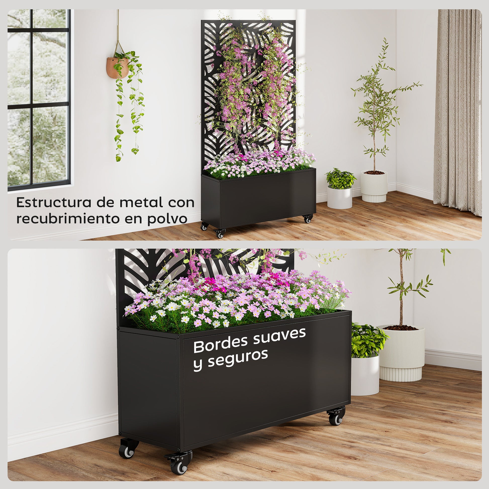 Outsunny Jardinera Exterior Grande de Metal con Ruedas, Jardinera con Pantalla de Privacidad de Hojas de Monstera, Macetero con Enrejado para Plantas Trepadoras, Patio, Terraza, 90x30x160 cm, Negro