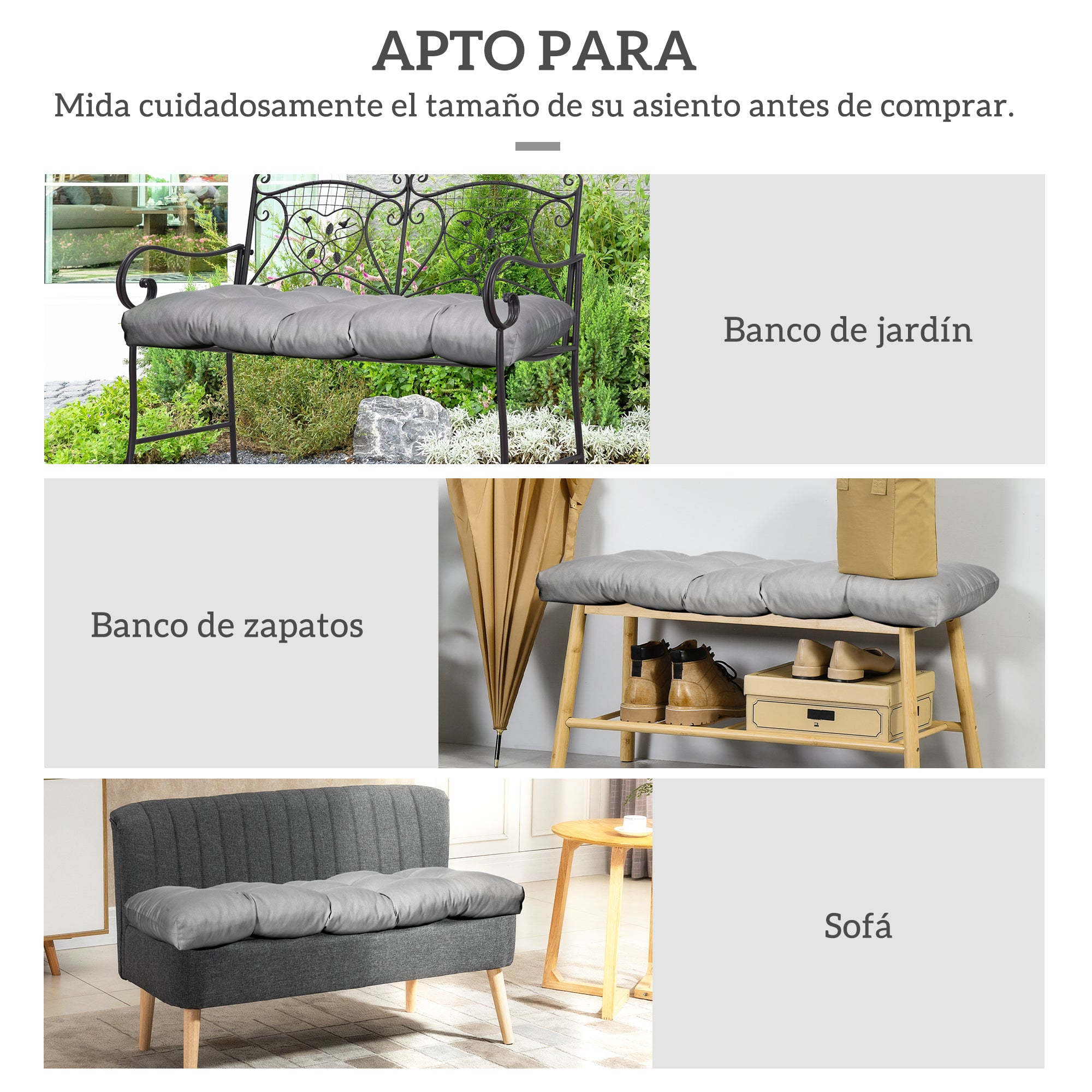 Outsunny Cojín para Banco de 2 Plazas 110x48x8 cm Cojín Rectangular para Interiores y Exteriores Lavable con 8 Puntadas y Asiento Cómodo para Sillas Sofás Gris