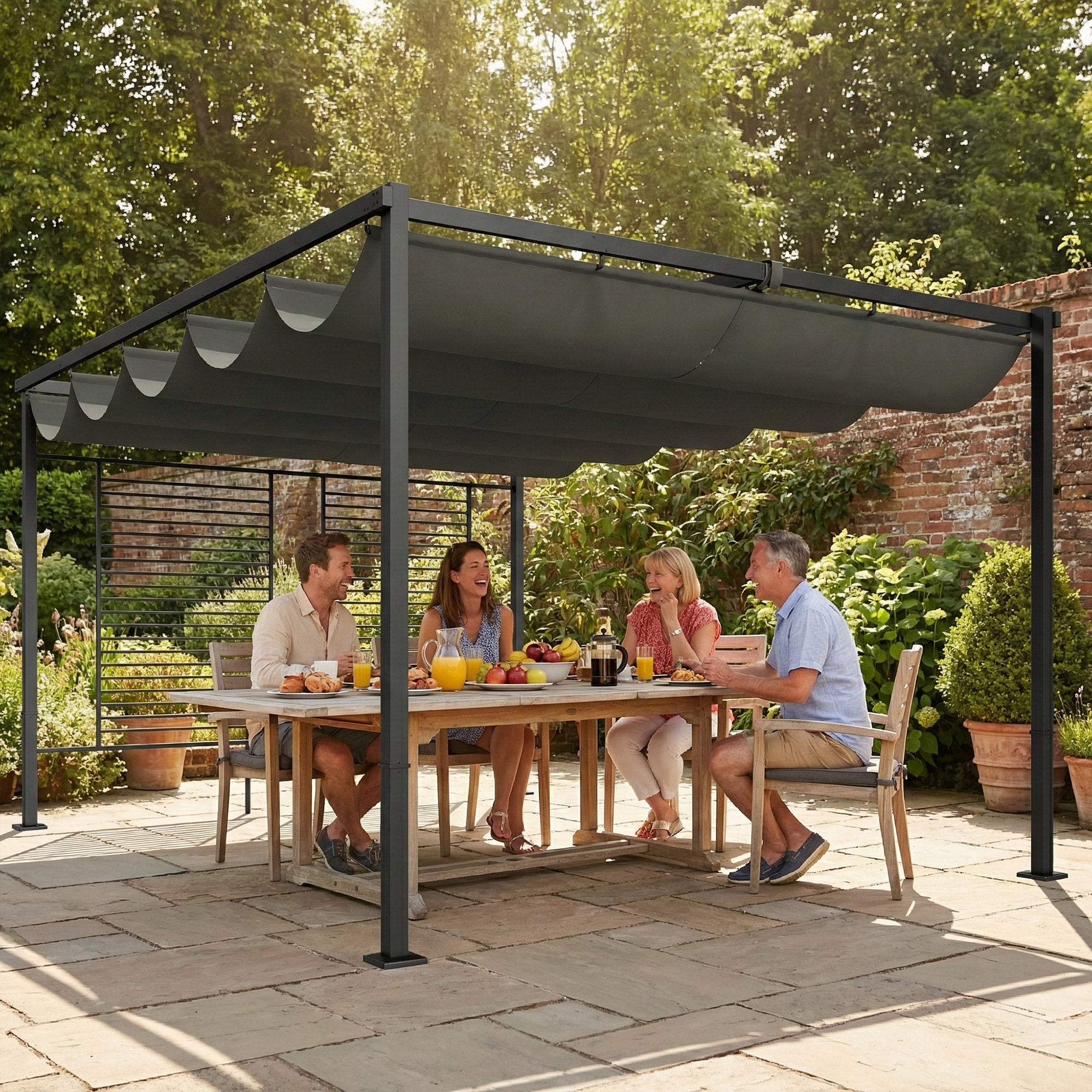 Outsunny Pérgola de Jardín 4x3 m con Techo Retráctil y 2 Paneles de Privacidad Fijos, Cenador de Jardín con Protección UPF50+, Drenaje, Estructura Metálica, Pabellón para Exterior, Gris Oscuro