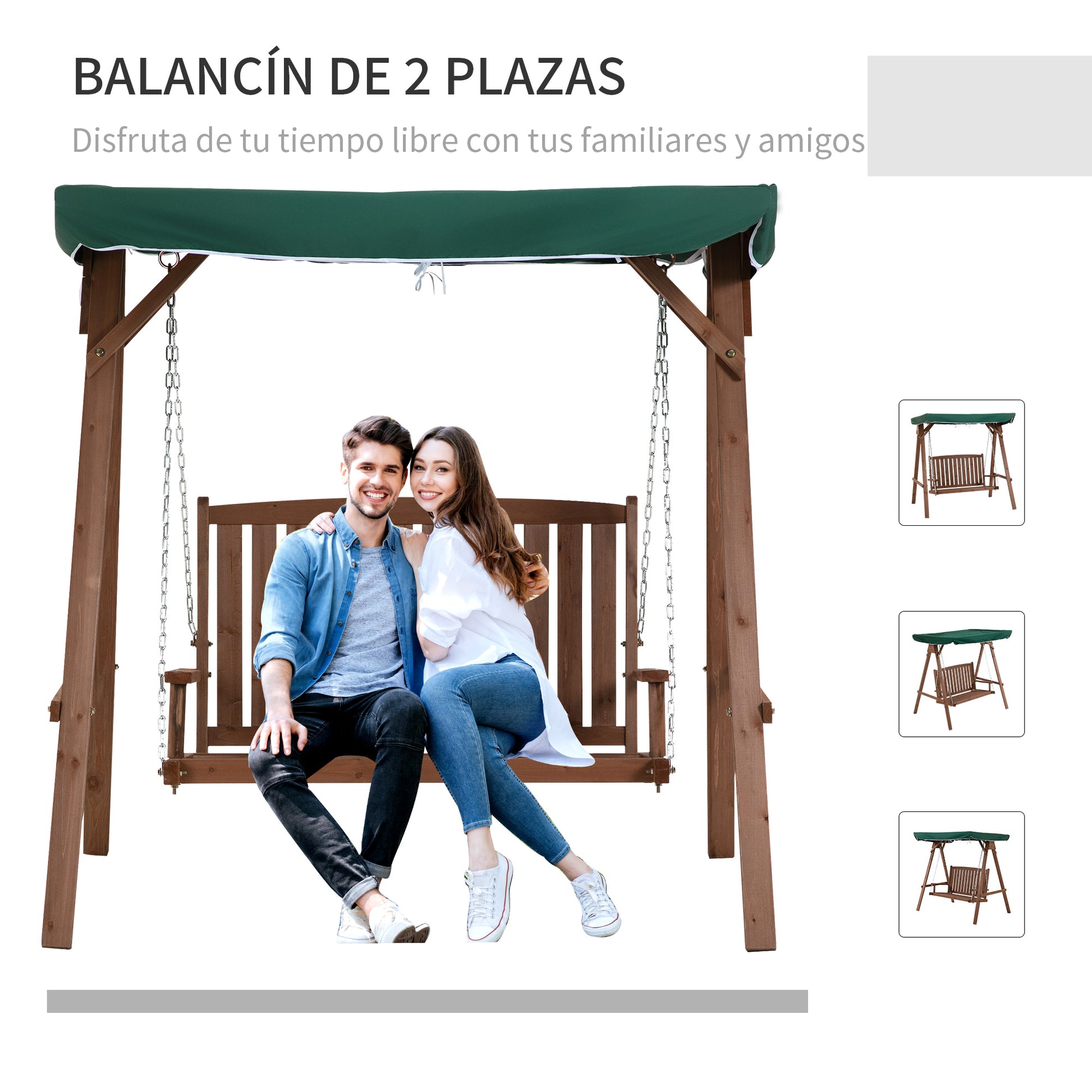 Outsunny Banco Columpio de Jardín de Madera con Dosel Verde 160x120x165 cm Carga 227 kg Balancín para Patio Jardín Terraza Exterior Protección Solar Marrón