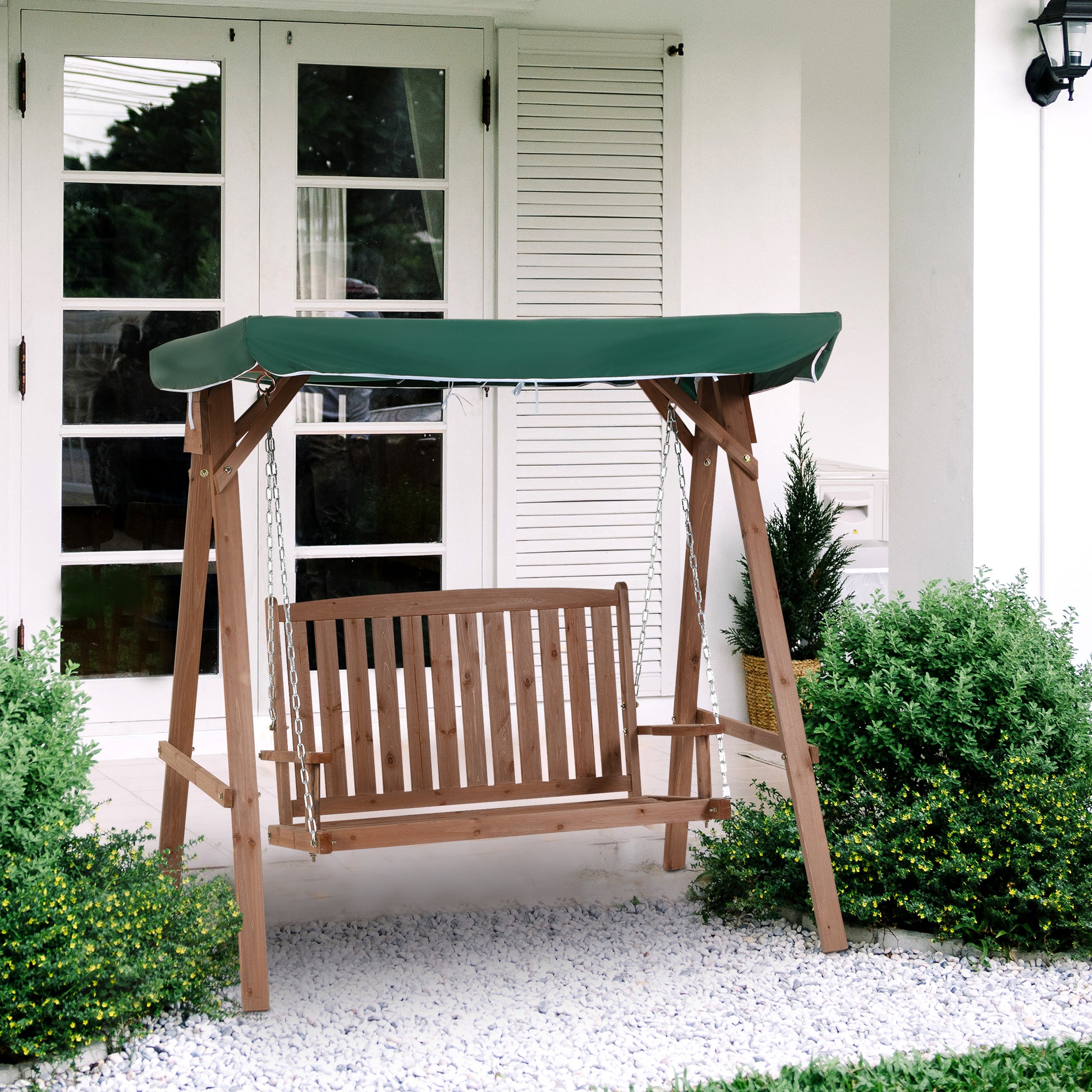 Outsunny Banco Columpio de Jardín de Madera con Dosel Verde 160x120x165 cm Carga 227 kg Balancín para Patio Jardín Terraza Exterior Protección Solar Marrón