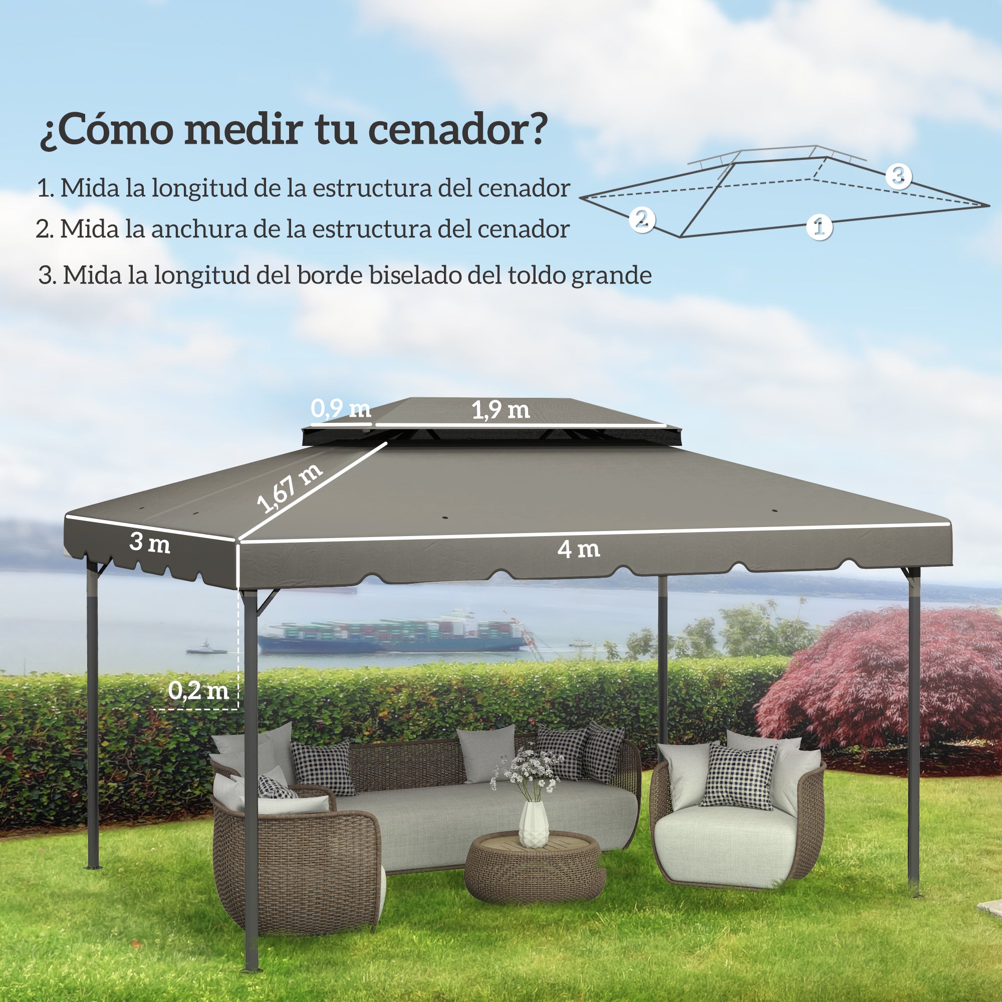 Outsunny Techo de Repuesto para Cenador 4x3 m Cubierta de Repuesto con Techo Doble con 8 Orificios de Drenaje Toldo de Recambio para Pabellón Gazebo Gris Claro