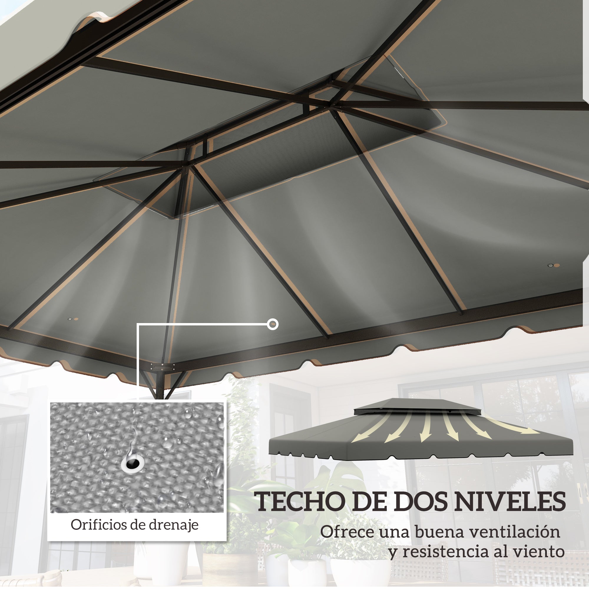 Outsunny Techo de Repuesto para Cenador 4x3 m Cubierta de Repuesto con Techo Doble con 8 Orificios de Drenaje Toldo de Recambio para Pabellón Gazebo Gris Claro