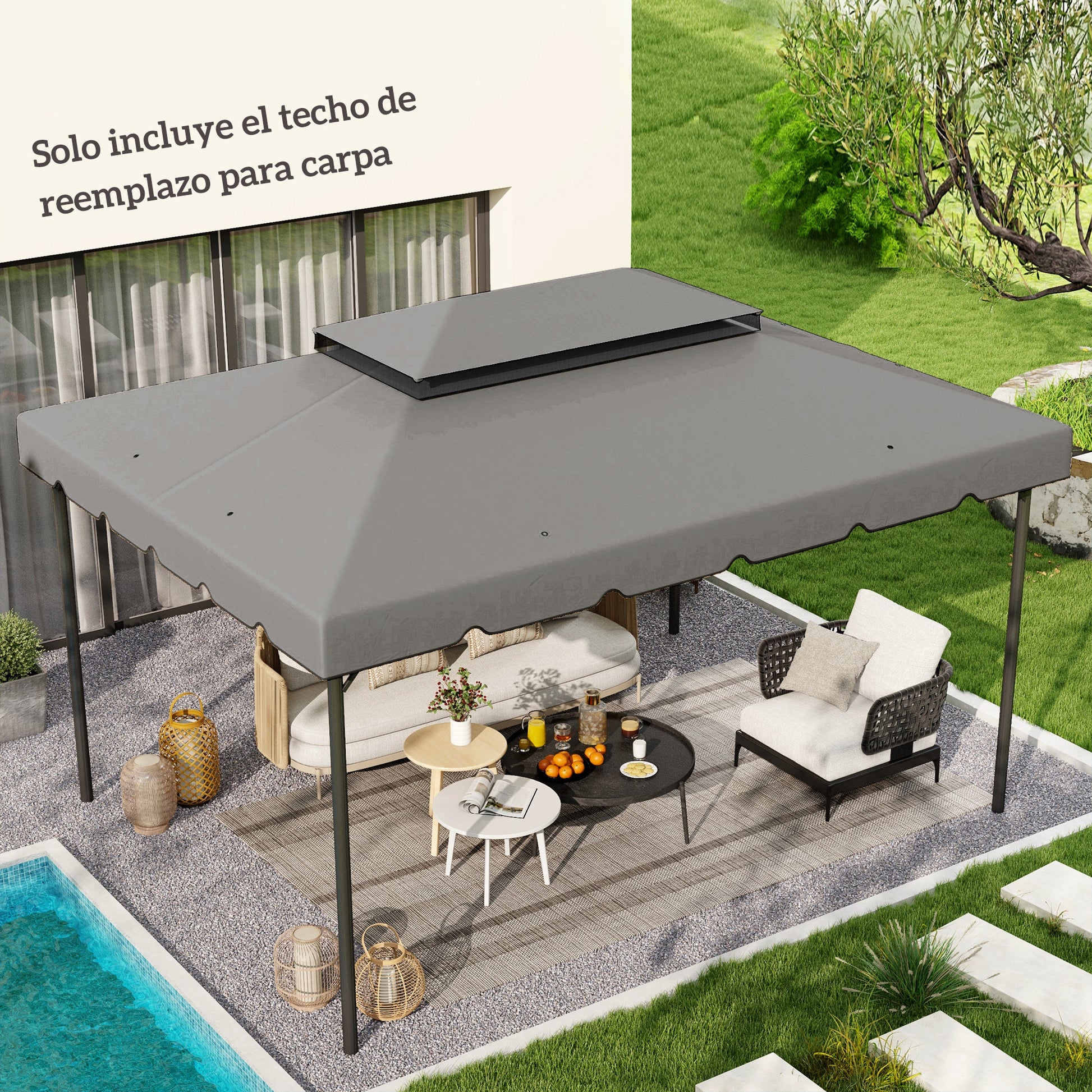 Outsunny Techo de Repuesto para Cenador 4x3 m Cubierta de Repuesto con Techo Doble con 8 Orificios de Drenaje Toldo de Recambio para Pabellón Gazebo Gris Claro