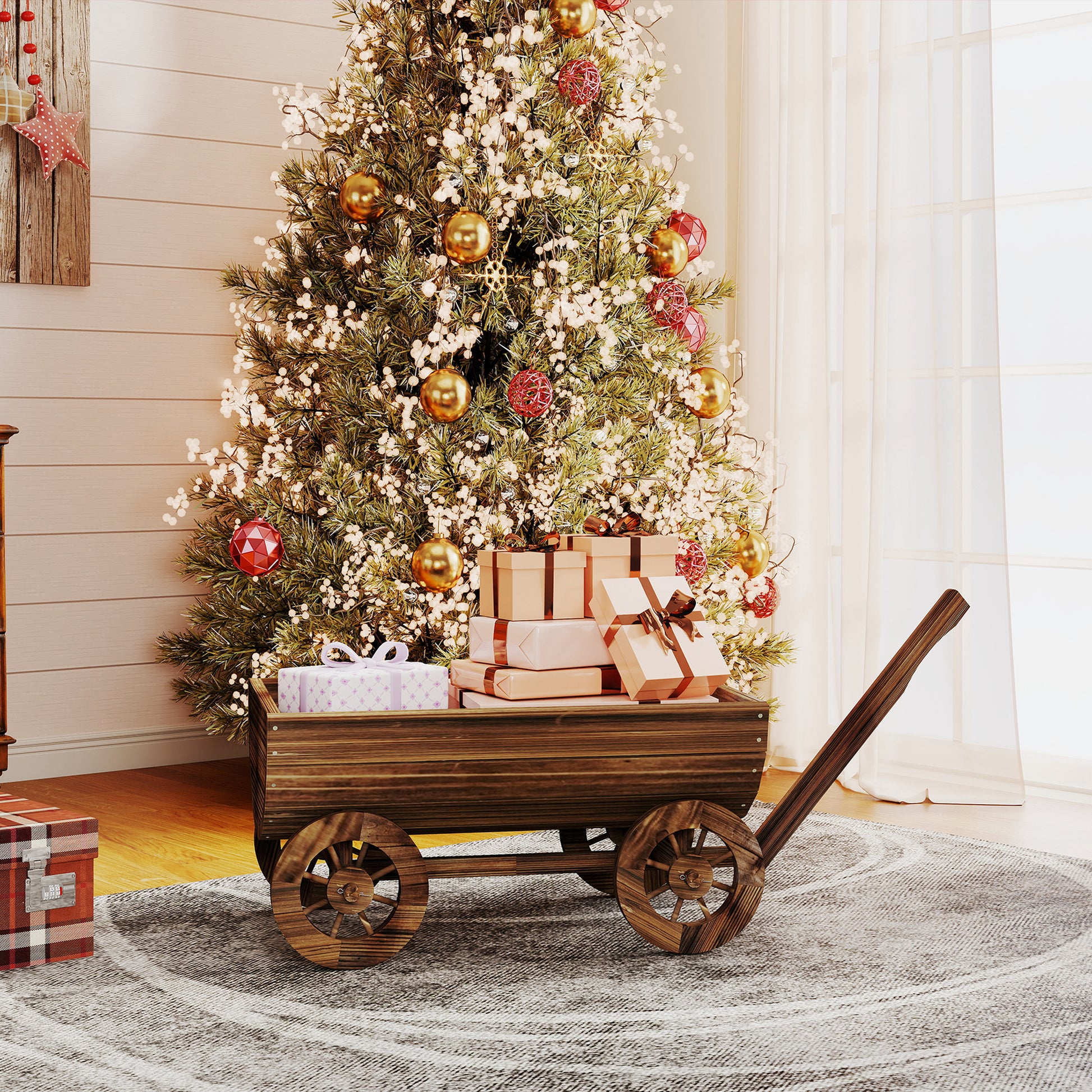 Outsunny Carrito de Madera Decorativa con 4 Ruedas y Mango, Jardinera Exterior Móvil con Orificio de Drenaje, Macetero Exterior para Cultivos, Plantas, Jardín, Terraza, 115x40x54,5 cm, Carbonizado