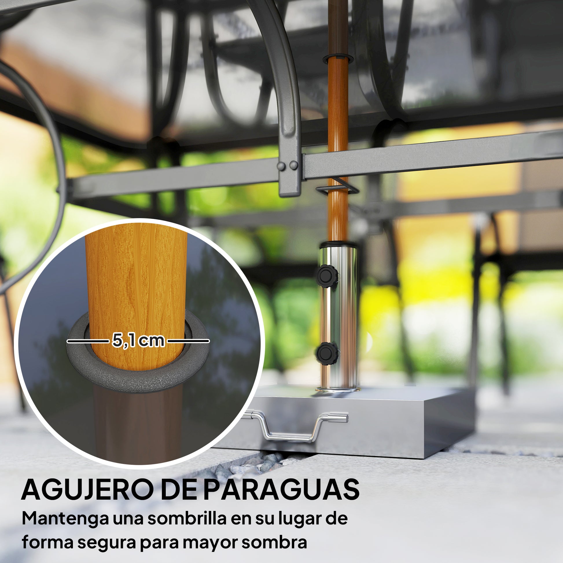 Outsunny Conjunto de Mesa y Sillas Jardín de 7 Piezas, Muebles de Jardín Exterior con Mesa y 6 Sillas para Terraza con Orificio para Sombrilla y Encimera de Cristal, para Terraza Patio, Gris Oscuro