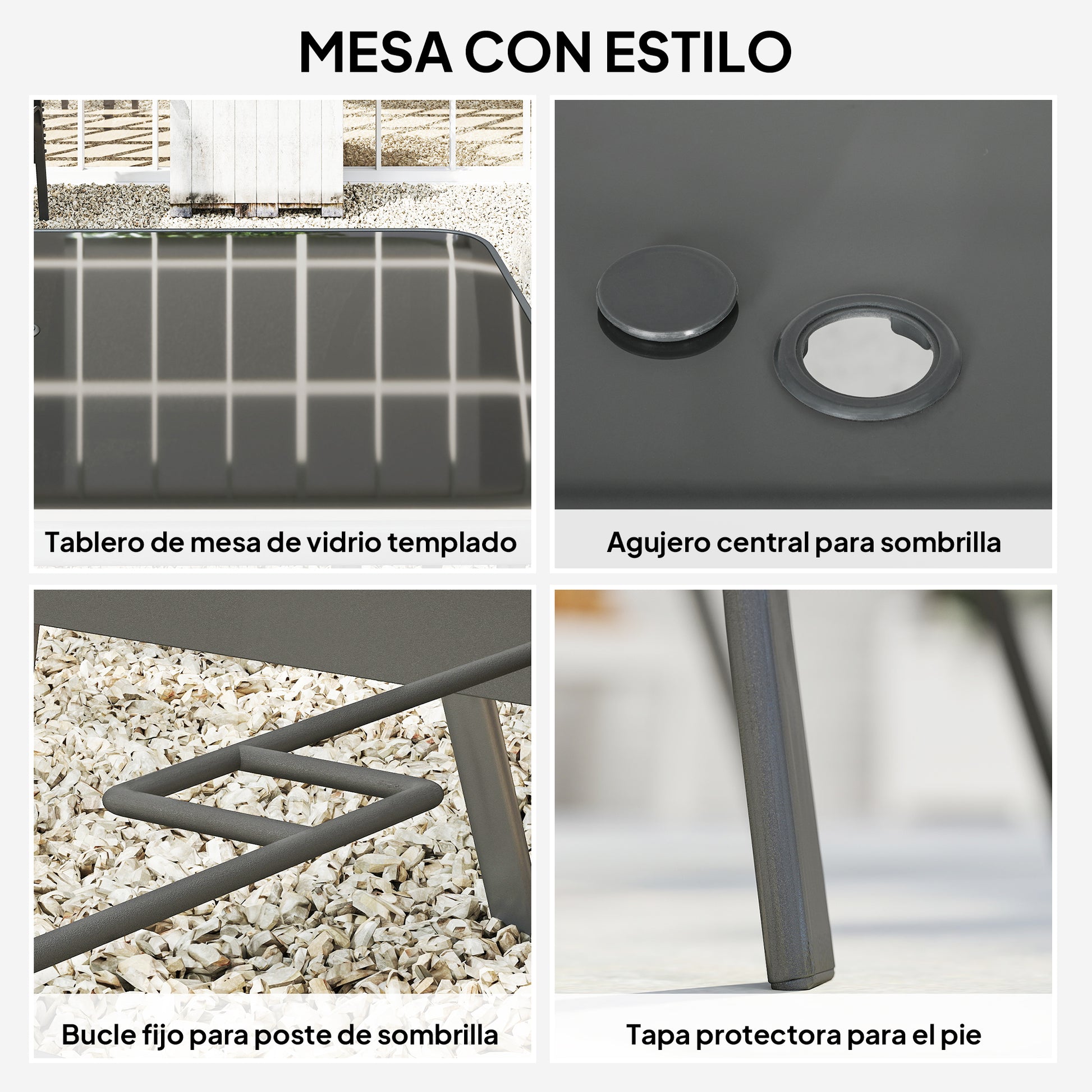 Outsunny Conjunto de Mesa y Sillas Jardín de 7 Piezas, Muebles de Jardín Exterior con Mesa y 6 Sillas para Terraza con Orificio para Sombrilla y Encimera de Cristal, para Terraza Patio, Gris Oscuro