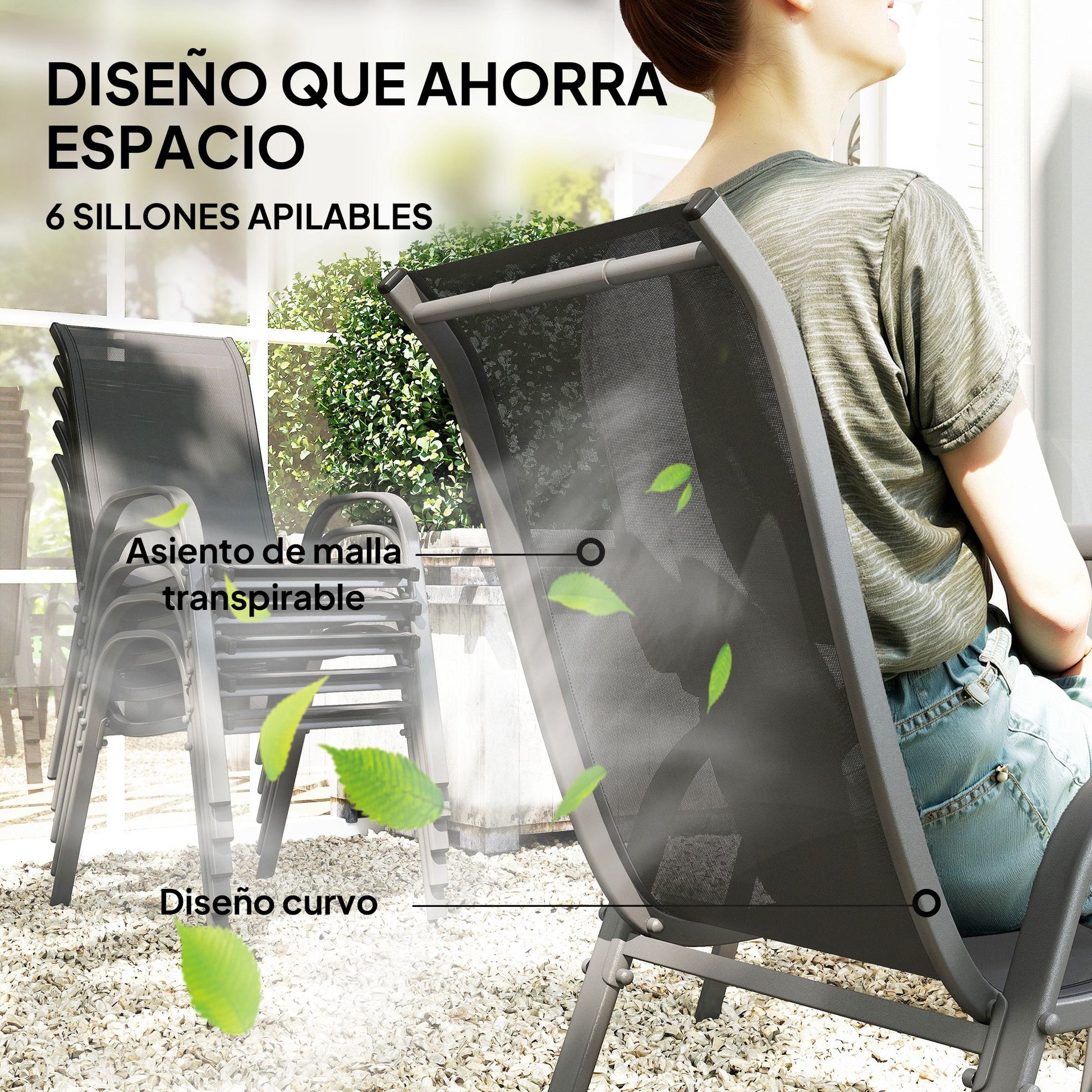 Outsunny Conjunto de Mesa y Sillas Jardín de 7 Piezas, Muebles de Jardín Exterior con Mesa y 6 Sillas para Terraza con Orificio para Sombrilla y Encimera de Cristal, para Terraza Patio, Gris Oscuro