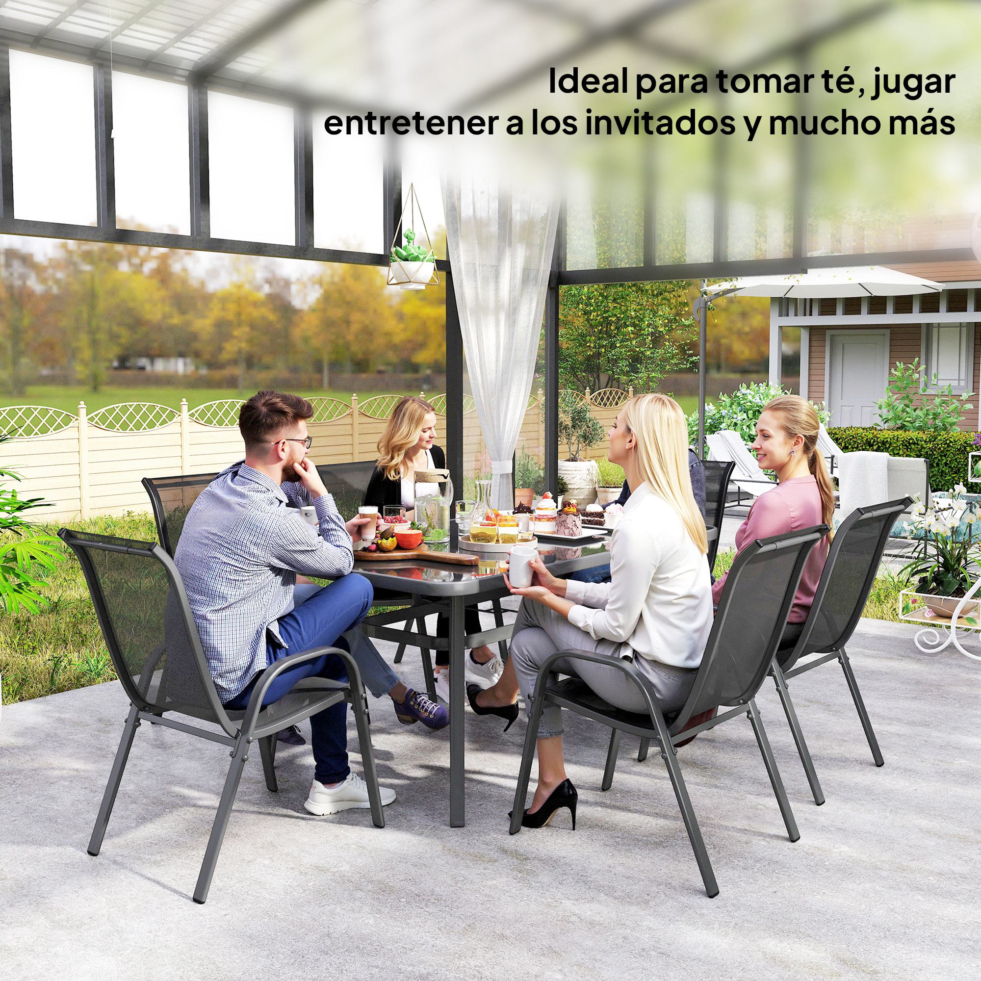 Outsunny Conjunto de Mesa y Sillas Jardín de 7 Piezas, Muebles de Jardín Exterior con Mesa y 6 Sillas para Terraza con Orificio para Sombrilla y Encimera de Cristal, para Terraza Patio, Gris Oscuro