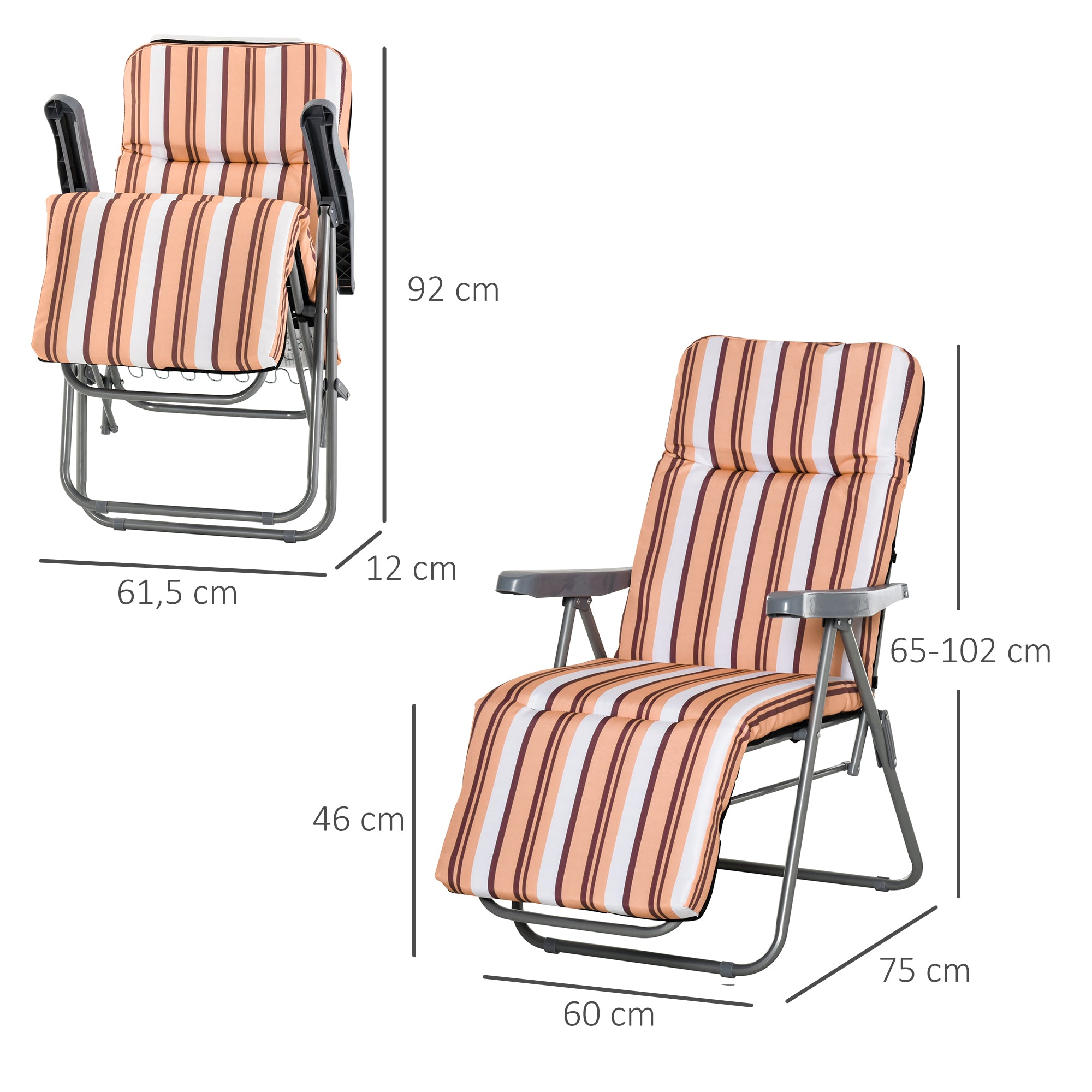 Outsunny Conjunto de 2 Tumbonas Plegables Tumbonas de Jardín de Acero con Cojín Acolchado Respaldo Regulable en 5 Posiciones y Reposapiés 60x75x65-102 cm Rayas Naranja