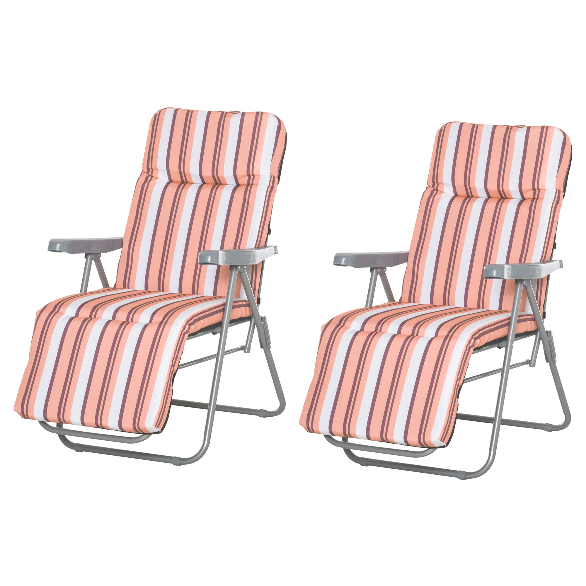 Outsunny Conjunto de 2 Tumbonas Plegables Tumbonas de Jardín de Acero con Cojín Acolchado Respaldo Regulable en 5 Posiciones y Reposapiés 60x75x65-102 cm Rayas Naranja