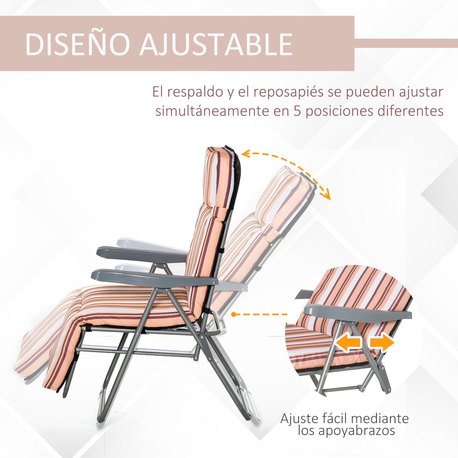 Outsunny Conjunto de 2 Tumbonas Plegables Tumbonas de Jardín de Acero con Cojín Acolchado Respaldo Regulable en 5 Posiciones y Reposapiés 60x75x65-102 cm Rayas Naranja