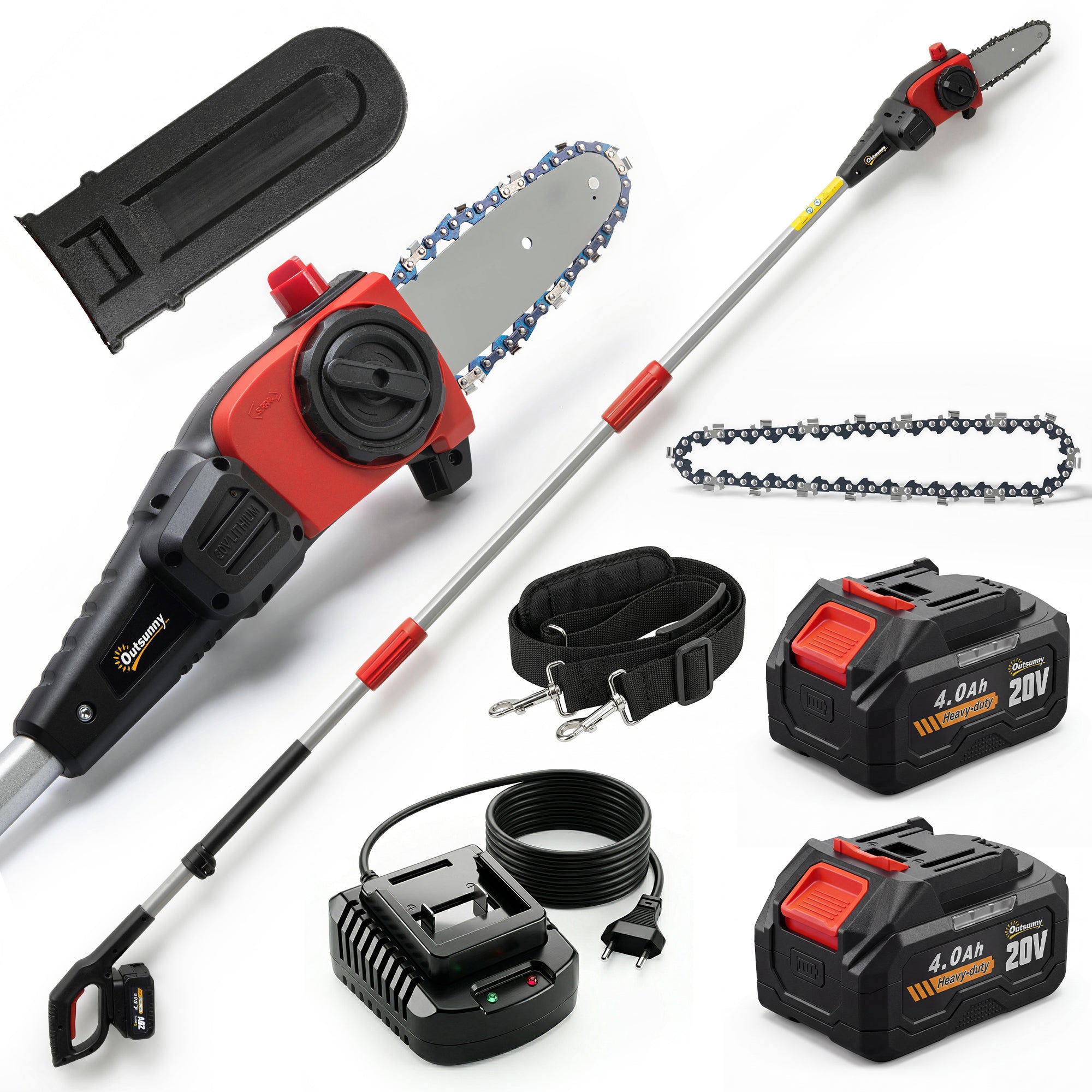 Outsunny Motosierra de Batería Extensible 1,94-2,56 m, Motosierra Eléctrica con Motor 300 W, 2 Baterías 4,0 Ah, Cargador, Doble Bloqueo, Lubricación Automática, Correa, 6 m/s, para Podar Árboles