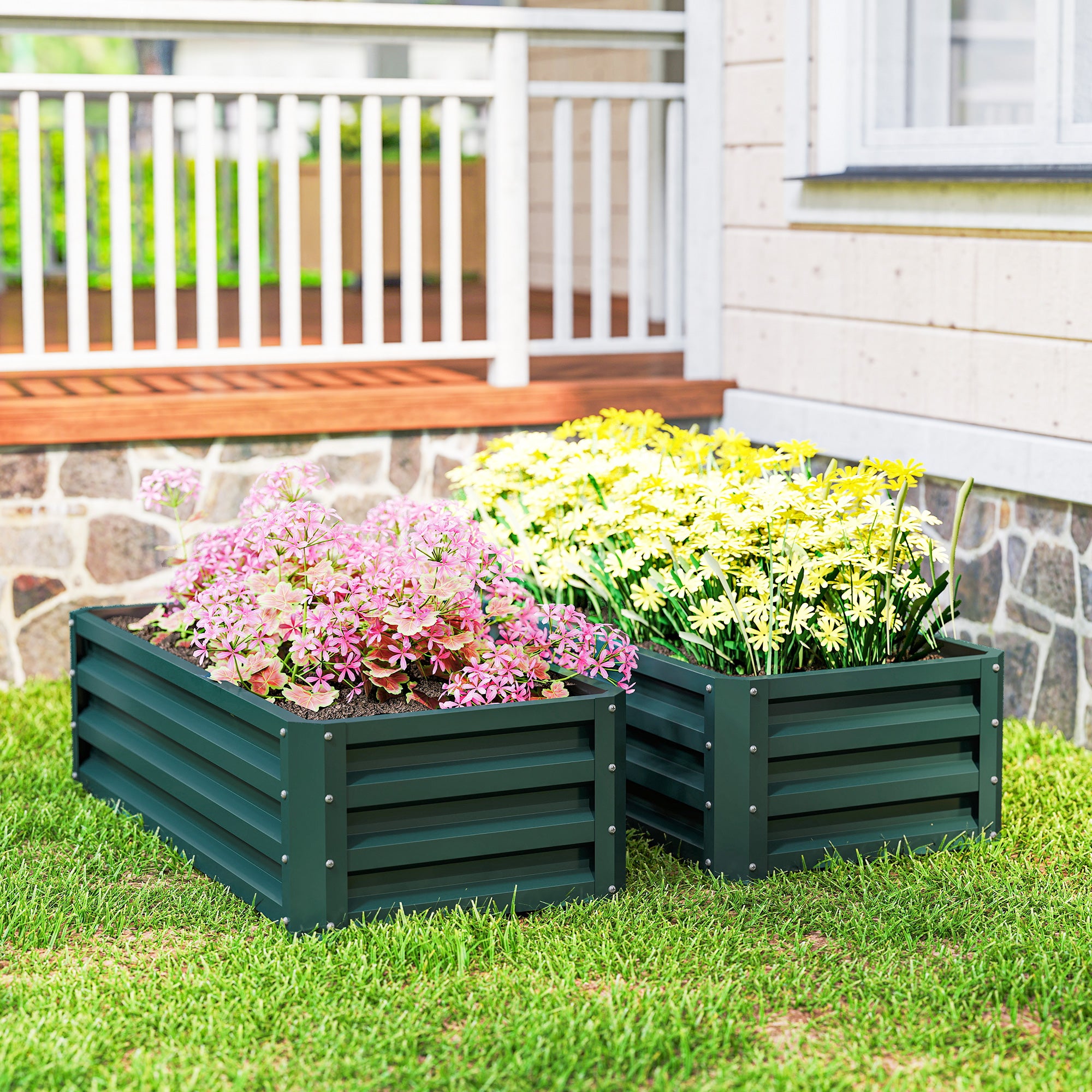 Outsunny Juego de 2 Jardineras Exterior Grandes de Acero Galvanizado, Huertos Urbanos, Maceteros Exterior Elevados para Plantas, Flores, Terraza, Jardín, Resistente a la Intemperie, 110x50x30 cm Verde