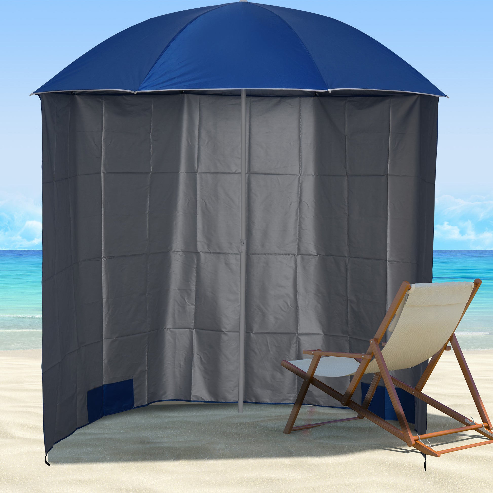 Outsunny Sombrilla de Playa con Panel Lateral Ø220x220 cm Parasol para Terraza con Apertura Manual 8 Varillas de Acero y Bolsa de Transporte para Jardín Piscina Azul
