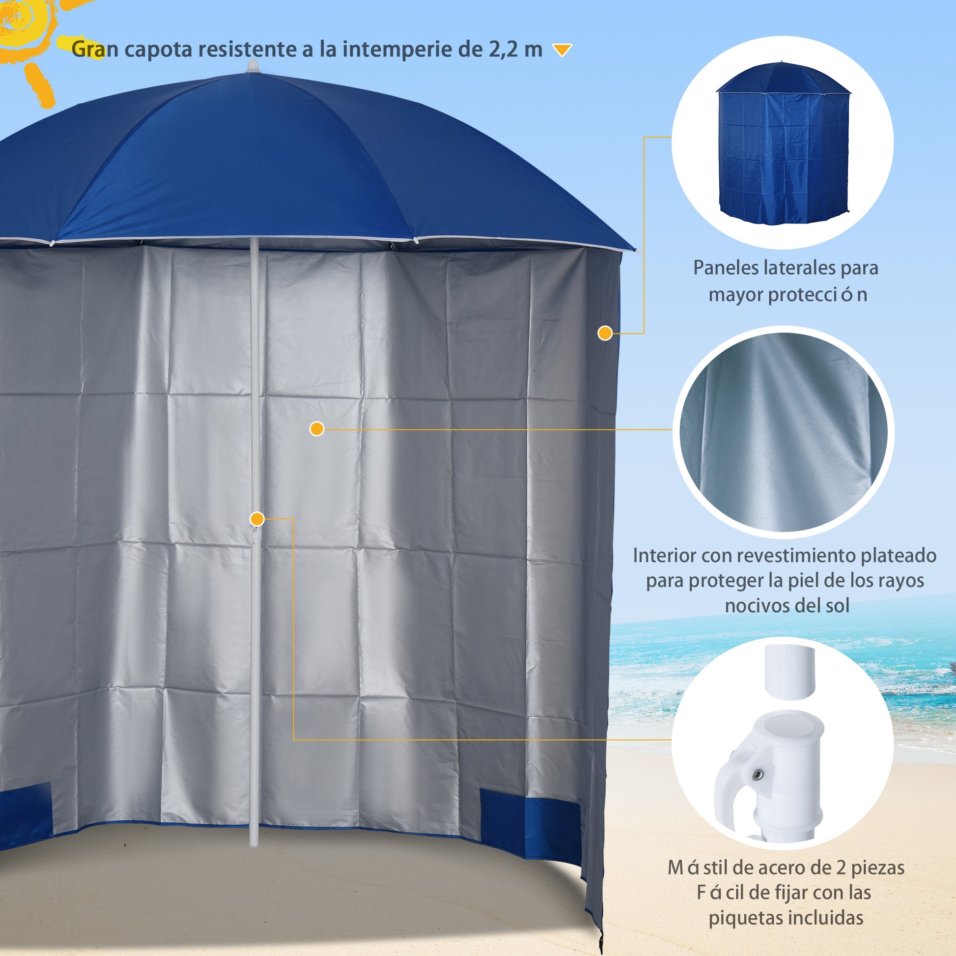 Outsunny Sombrilla de Playa con Panel Lateral Ø220x220 cm Parasol para Terraza con Apertura Manual 8 Varillas de Acero y Bolsa de Transporte para Jardín Piscina Azul