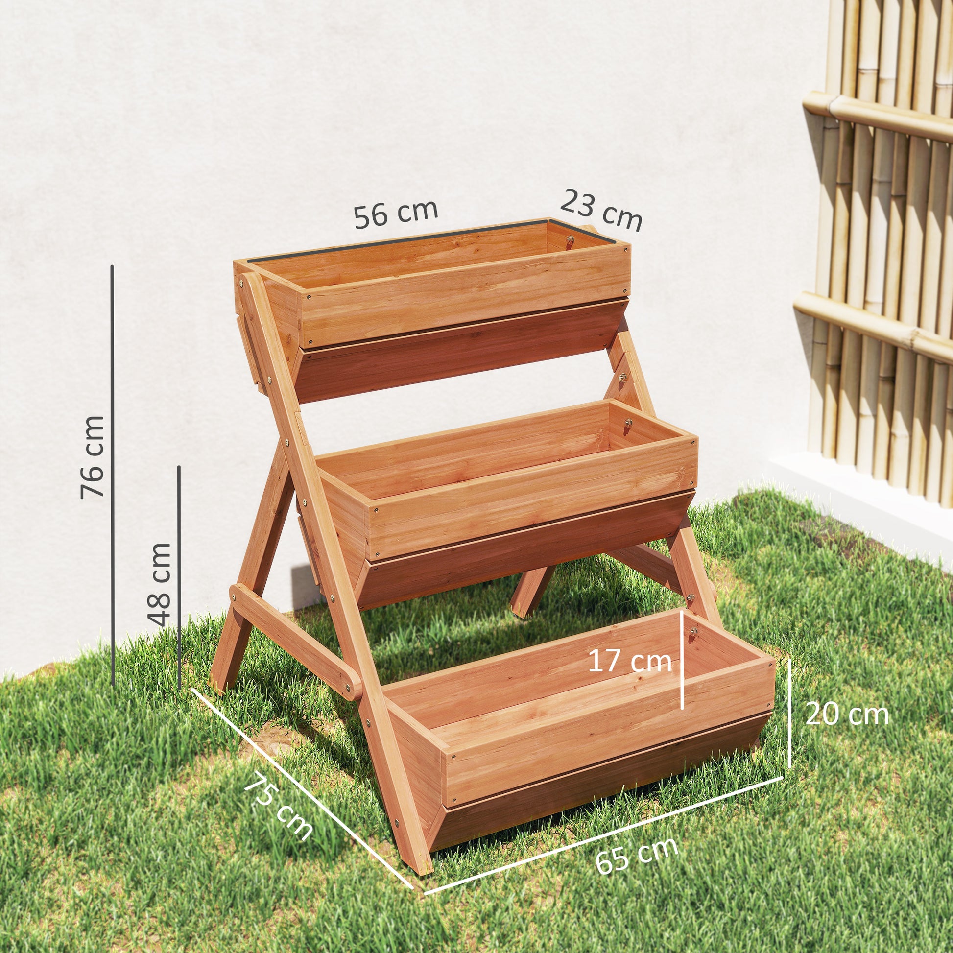Outsunny Jardinera de Madera de 3 Niveles, Jardinera Elevada Exterior con Orificios de Drenaje, Macetero para Cultivos de Plantas, Flores, para Terraza, Jardín, 65x75x76 cm, Marrón