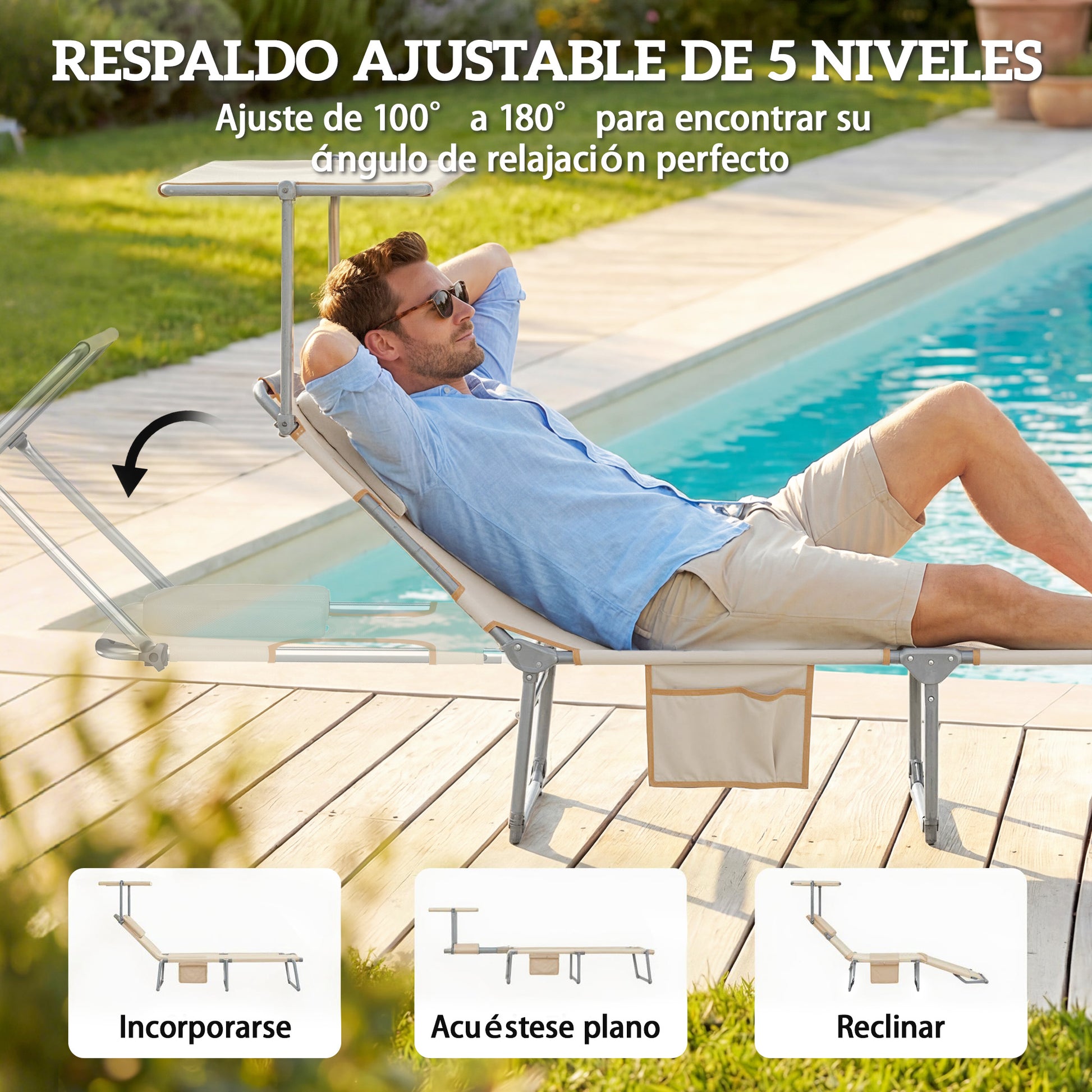 Outsunny Set de 2 Tumbonas Jardín Exterior, Tumbonas Plegables con Reposacabezas, Dosel 360°, Orificio Facial, Bolsillo Lateral, Respaldo Reclinable 5 Posiciones y Textilene 550 g/m² para Playa, Beige