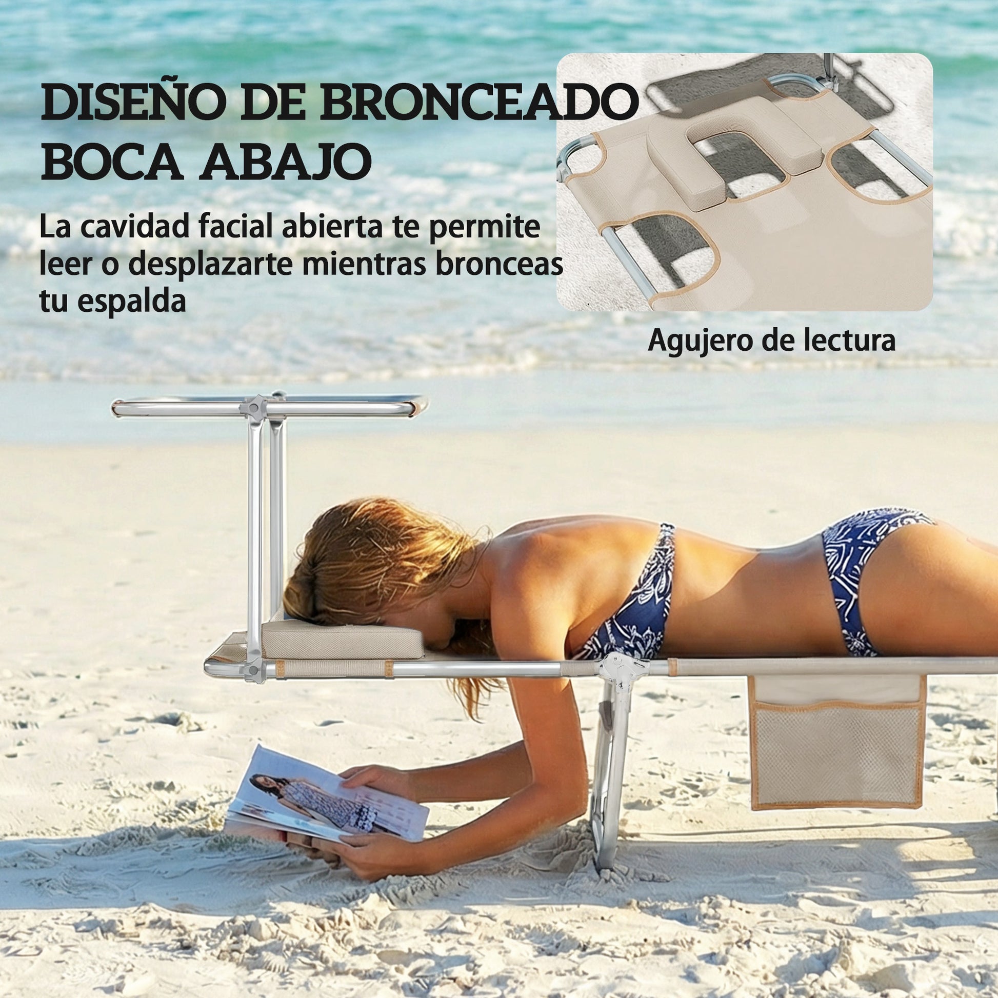 Outsunny Set de 2 Tumbonas Jardín Exterior, Tumbonas Plegables con Reposacabezas, Dosel 360°, Orificio Facial, Bolsillo Lateral, Respaldo Reclinable 5 Posiciones y Textilene 550 g/m² para Playa, Beige
