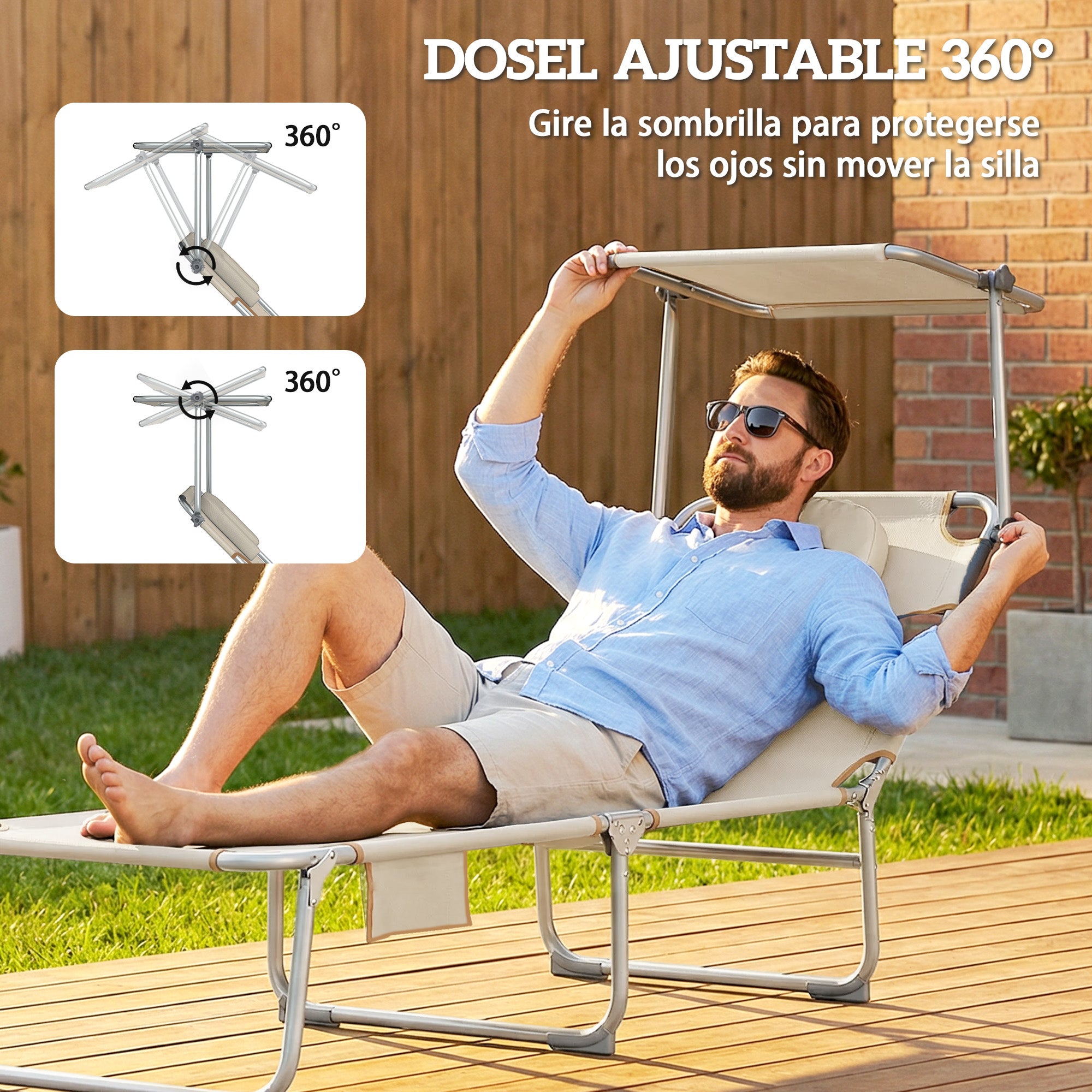Outsunny Set de 2 Tumbonas Jardín Exterior, Tumbonas Plegables con Reposacabezas, Dosel 360°, Orificio Facial, Bolsillo Lateral, Respaldo Reclinable 5 Posiciones y Textilene 550 g/m² para Playa, Beige