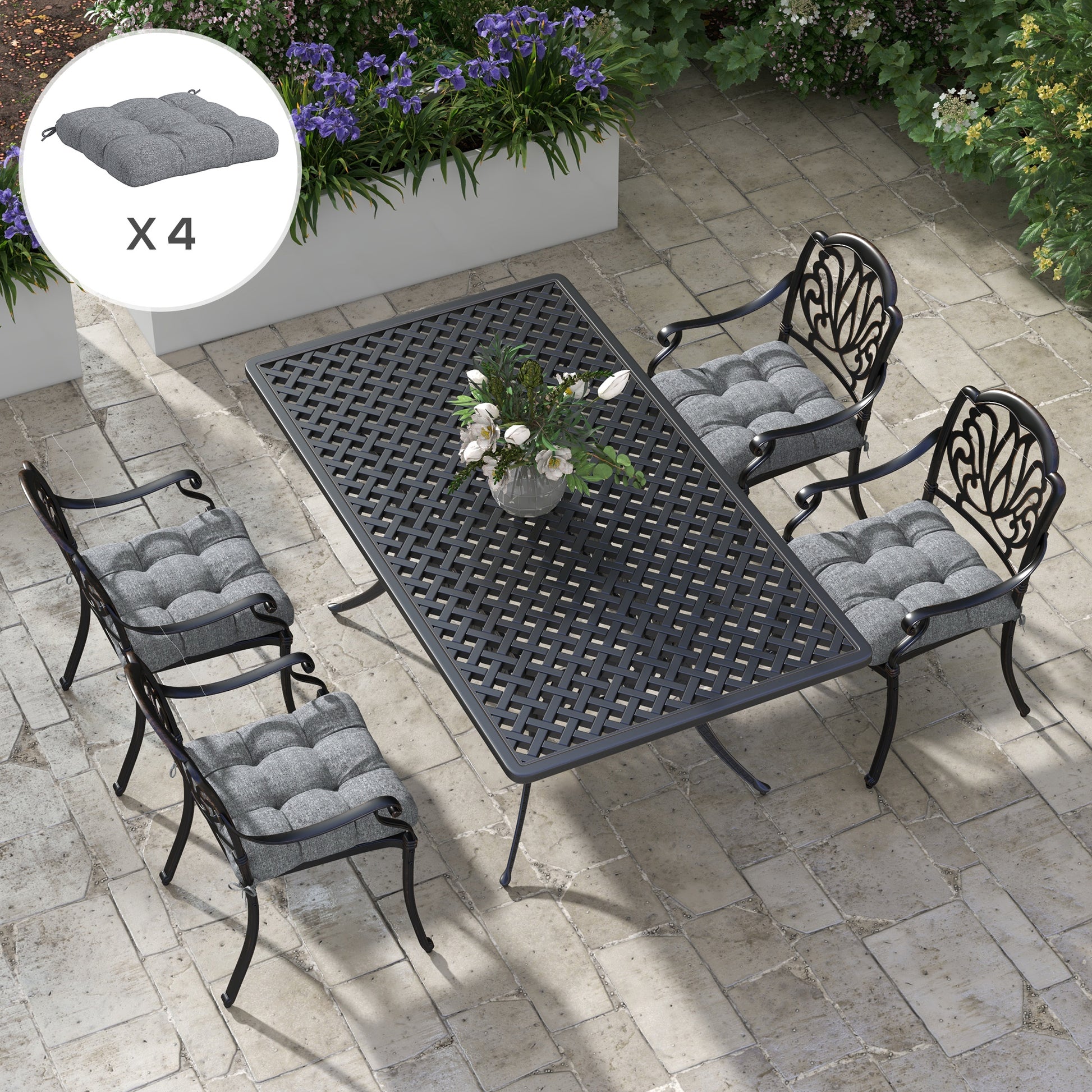 Outsunny Conjunto de Cojines para Sillas de Comedor 48x48x10 cm Juego de 4 Piezas Cojines para Sillas de Jardín Impermeable y Anti-UV con 2 Cordones de Fijación Gris