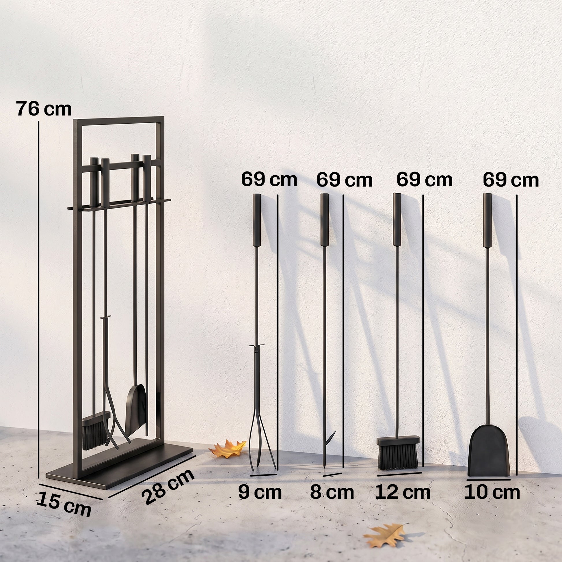 Outsunny Juego Utensilios Chimenea de 5 Piezas, Juego de Accesorios para Chimenea de Metal con Cepillo, Pala, 1 Par de Pinzas, Atizador y Soporte, 28x15x76 cm, Negro