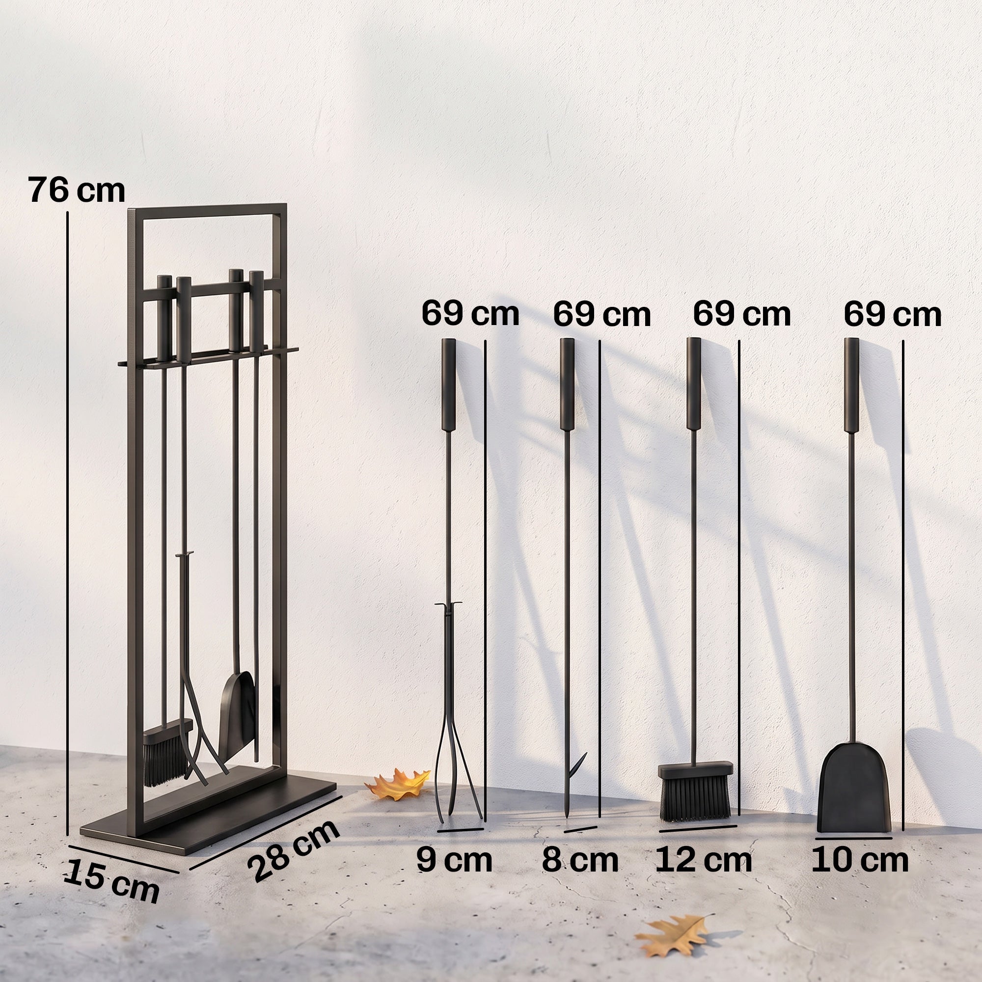 Outsunny Juego Utensilios Chimenea de 5 Piezas, Juego de Accesorios para Chimenea de Metal con Cepillo, Pala, 1 Par de Pinzas, Atizador y Soporte, 28x15x76 cm, Negro
