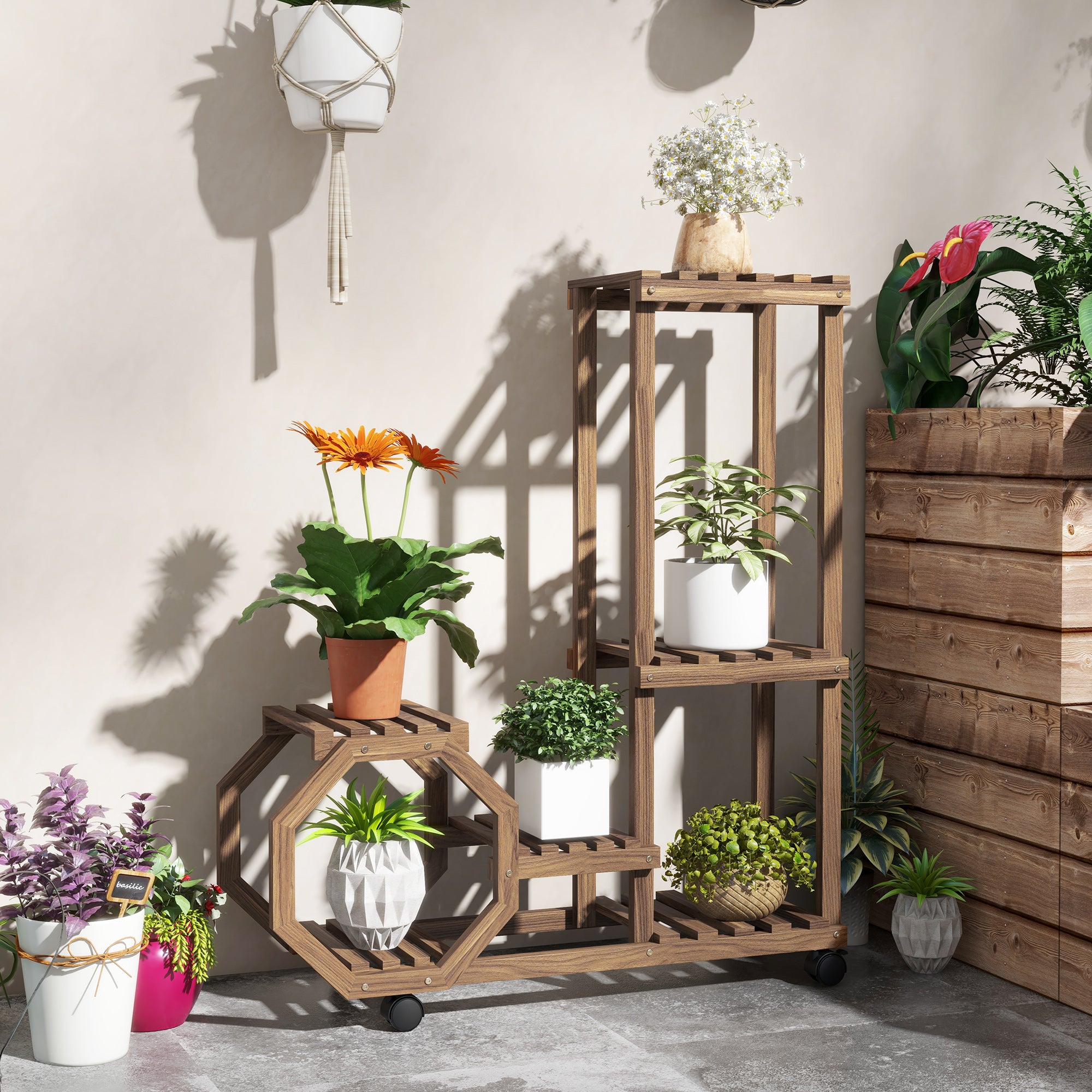 Outsunny Estantería para Plantas de 5 Niveles Soporte para Macetas de Madera Soporte para Plantas con Ruedas para Interiores y Exteriores 86x30x102 cm Carbonizado