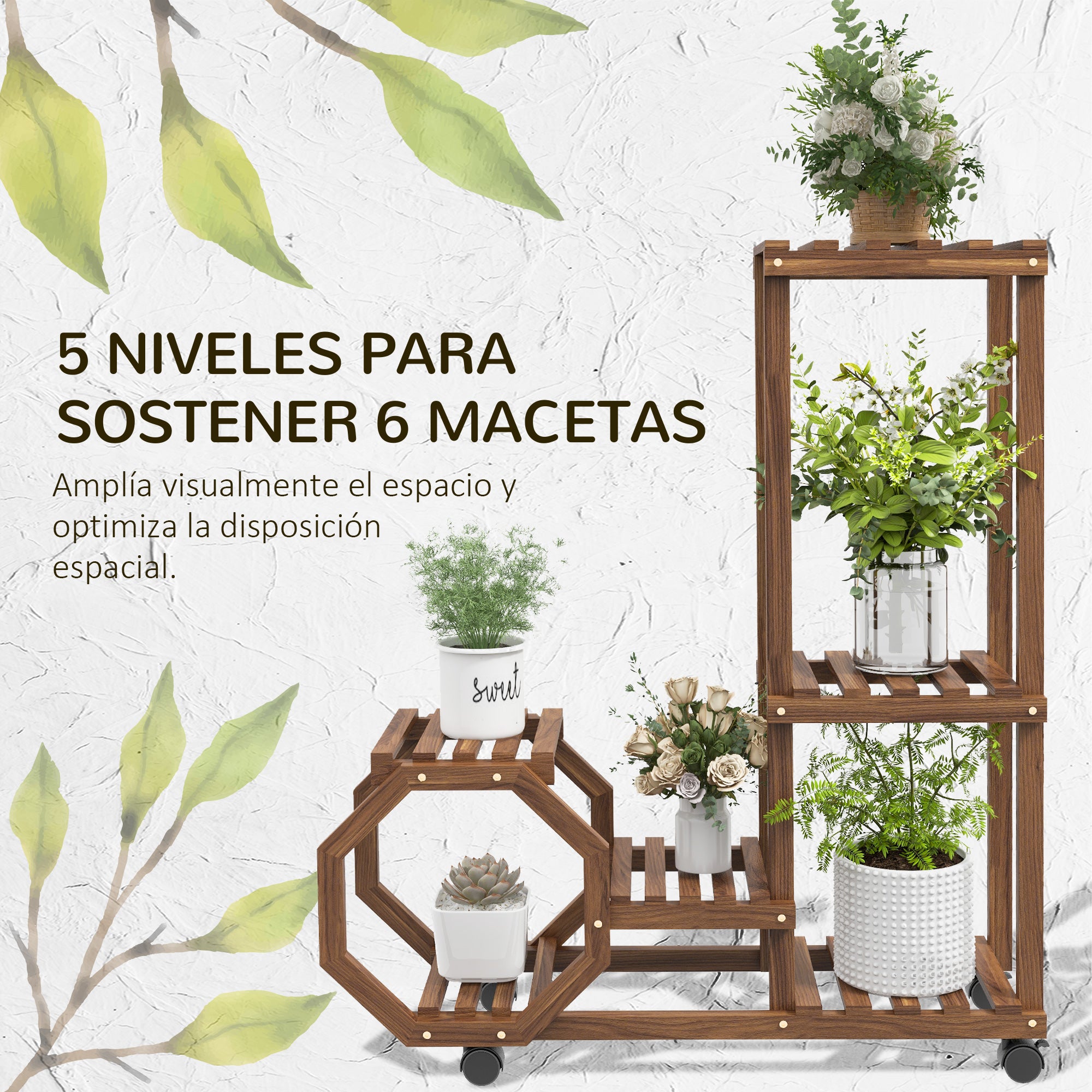 Outsunny Estantería para Plantas de 5 Niveles Soporte para Macetas de Madera Soporte para Plantas con Ruedas para Interiores y Exteriores 86x30x102 cm Carbonizado
