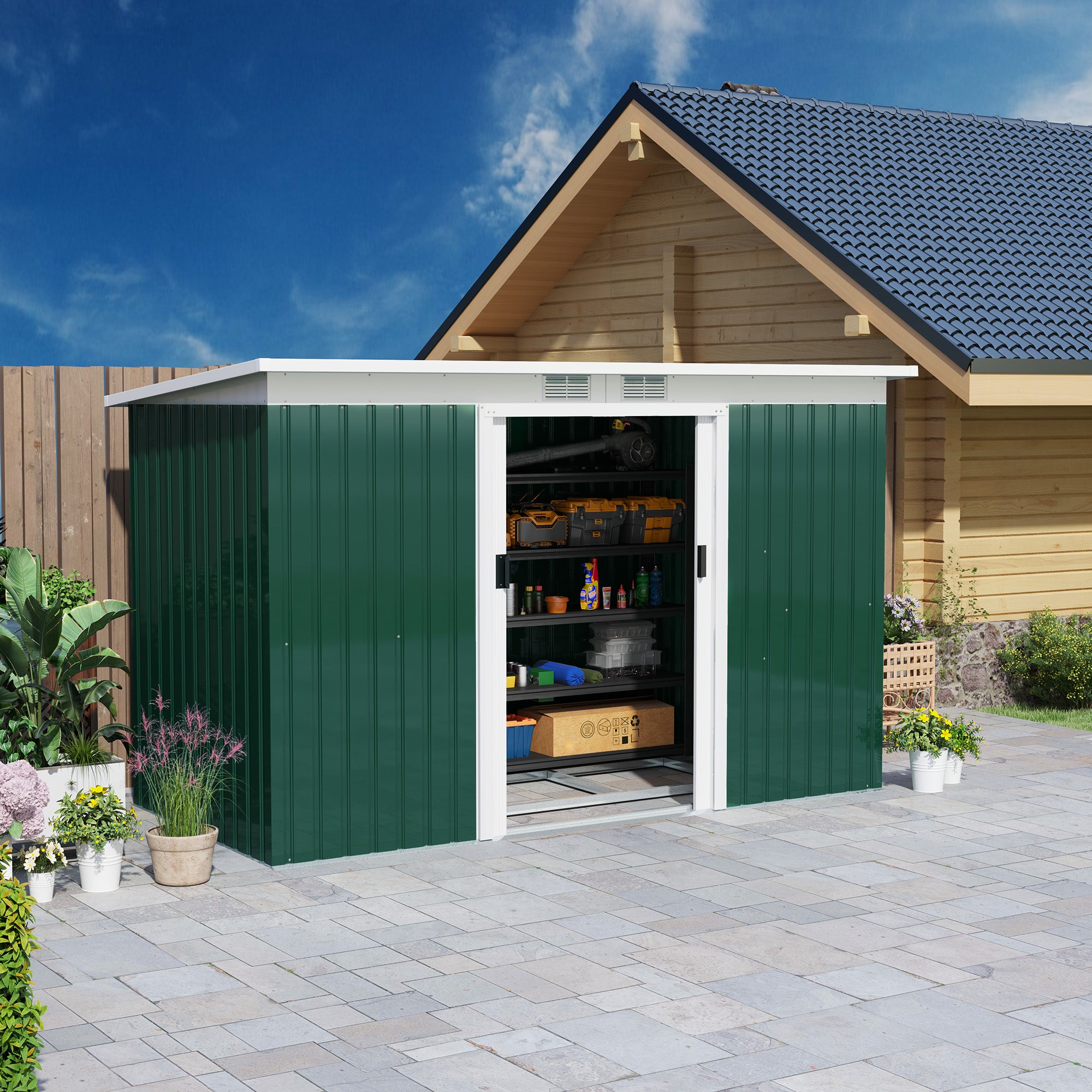 Outsunny Caseta de Jardín Exterior 3,2 m² 280x130x172 cm Cobertizo de Jardín Exterior con Puerta Corredera Techo Inclinado Base Refuerzo (Suelo NO Incluido) y 2 Ventanas Verde Oscuro