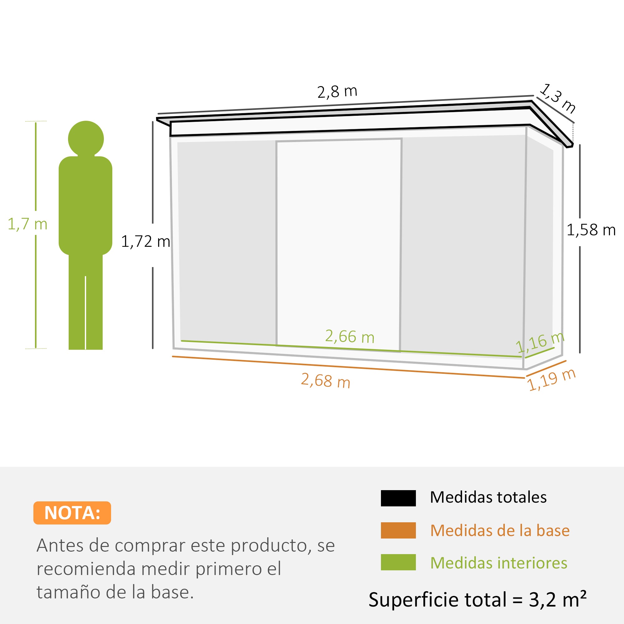Outsunny Caseta de Jardín Exterior 3,2 m² 280x130x172 cm Cobertizo de Jardín Exterior con Puerta Corredera Techo Inclinado Base Refuerzo (Suelo NO Incluido) y 2 Ventanas Verde Oscuro