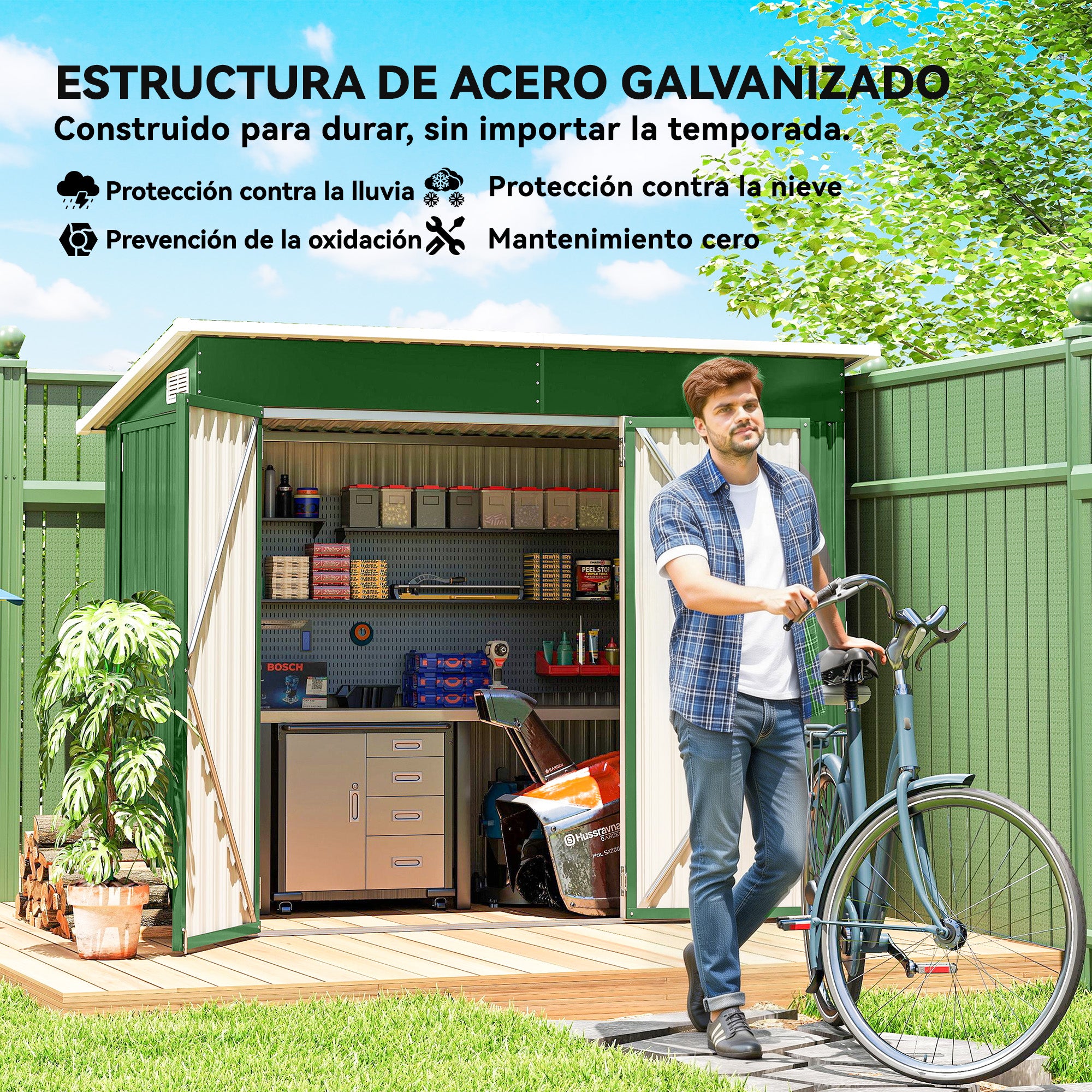 Outsunny Caseta de Jardín Exterior 2,7 m², 234x132x185 cm, Cobertizo de Jardín Exterior Metálico con Triple Puerta, Cerradura, Techo Inclinado y Ventilación para Almacenamiento de Herramientas, Verde
