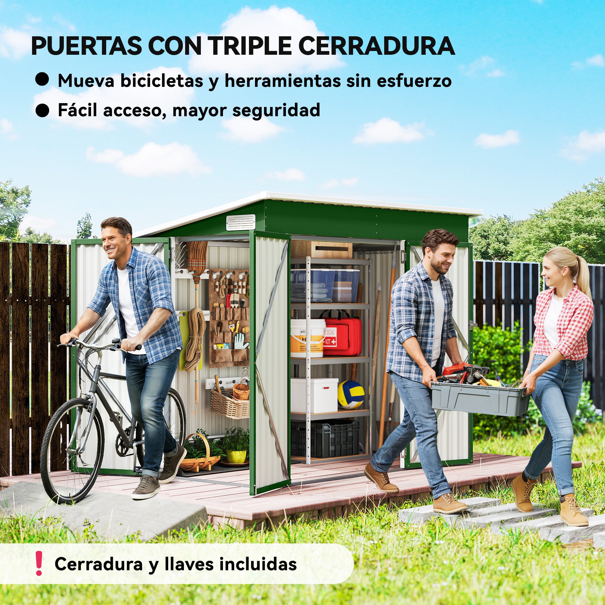 Outsunny Caseta de Jardín Exterior 2,7 m², 234x132x185 cm, Cobertizo de Jardín Exterior Metálico con Triple Puerta, Cerradura, Techo Inclinado y Ventilación para Almacenamiento de Herramientas, Verde