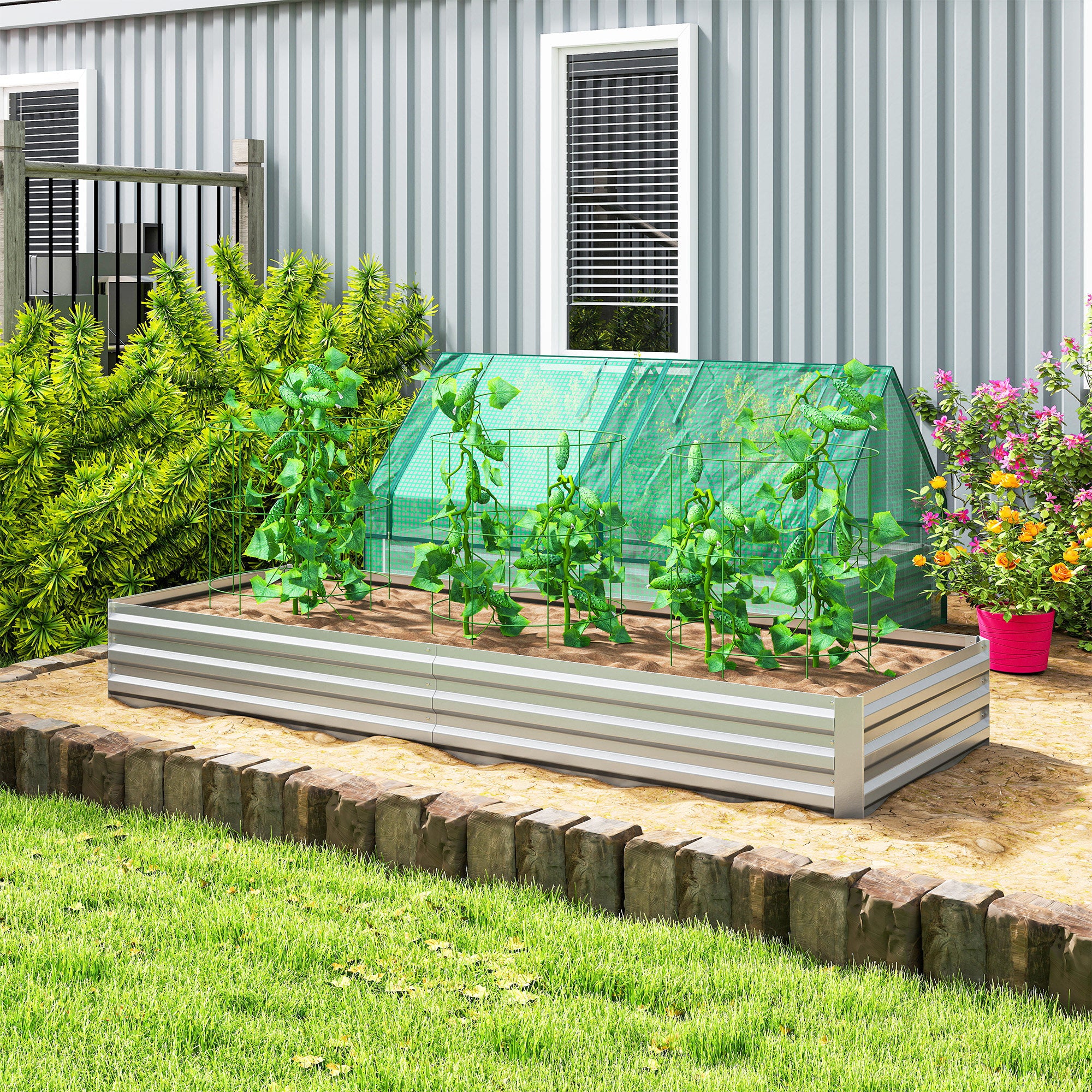Outsunny Jardinera Exterior Grande Rectangular de Acero Galvanizado, Huerto Urbano para Cultivar Plantas, Macetero Grande Exterior con Base Abierta, Resistente a la Intemperie, 241x90,5x30 cm, Plata