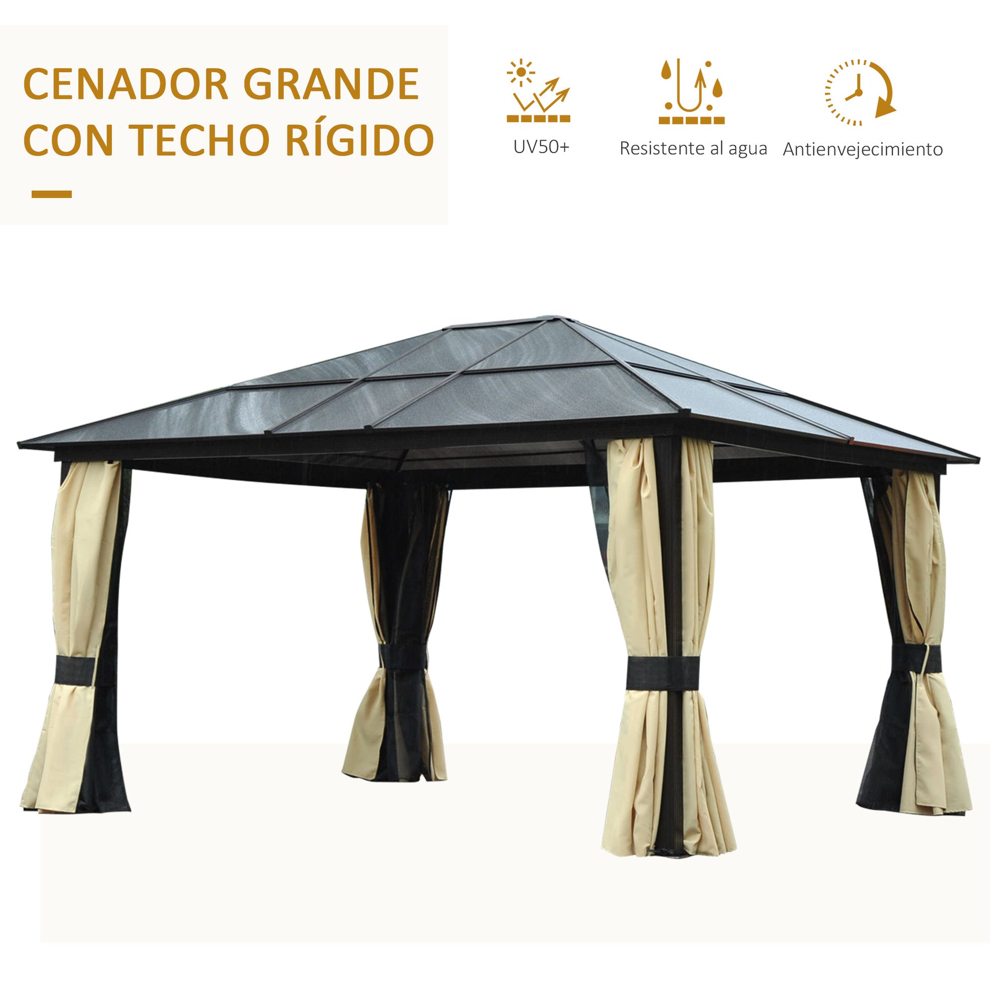 Outsunny Cenador de Jardín 4,2x3,6 m de Aluminio Pabellón de Exterior con Techo de Policarbonato 4 Cortinas Laterales y 4 Mosquiteras con Cremallera Gazebo para Fiestas Eventos Marrón