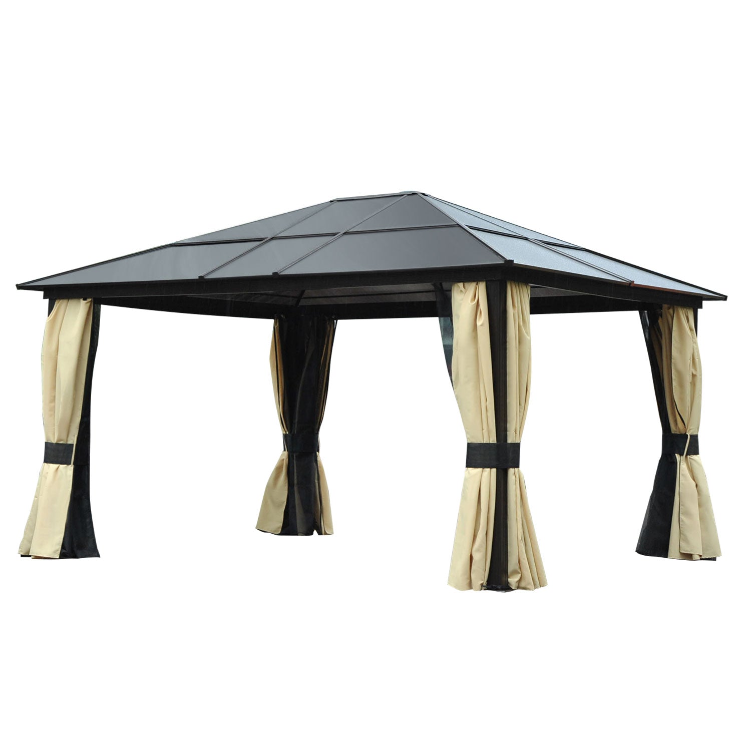 Outsunny Cenador de Jardín 4,2x3,6 m de Aluminio Pabellón de Exterior con Techo de Policarbonato 4 Cortinas Laterales y 4 Mosquiteras con Cremallera Gazebo para Fiestas Eventos Marrón