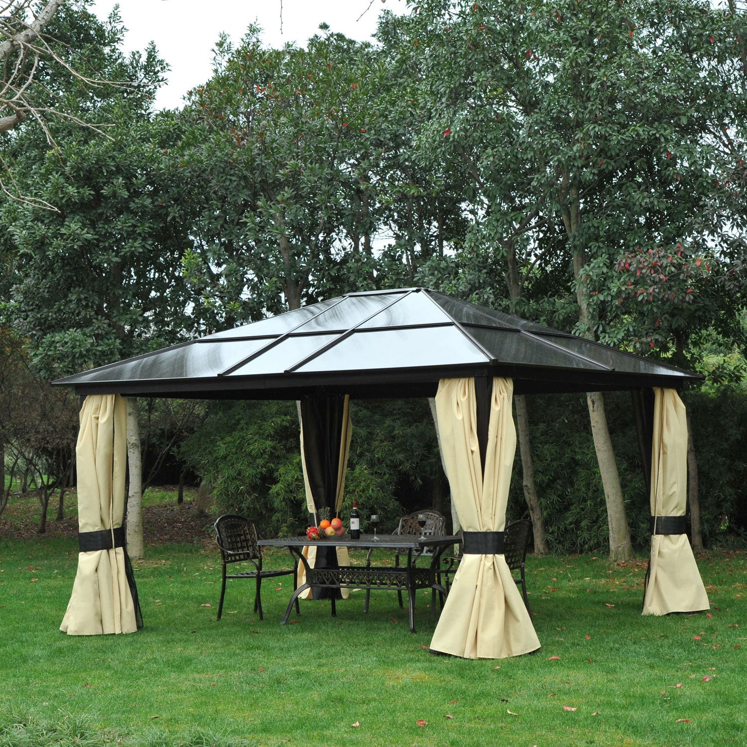 Outsunny Cenador de Jardín 4,2x3,6 m de Aluminio Pabellón de Exterior con Techo de Policarbonato 4 Cortinas Laterales y 4 Mosquiteras con Cremallera Gazebo para Fiestas Eventos Marrón