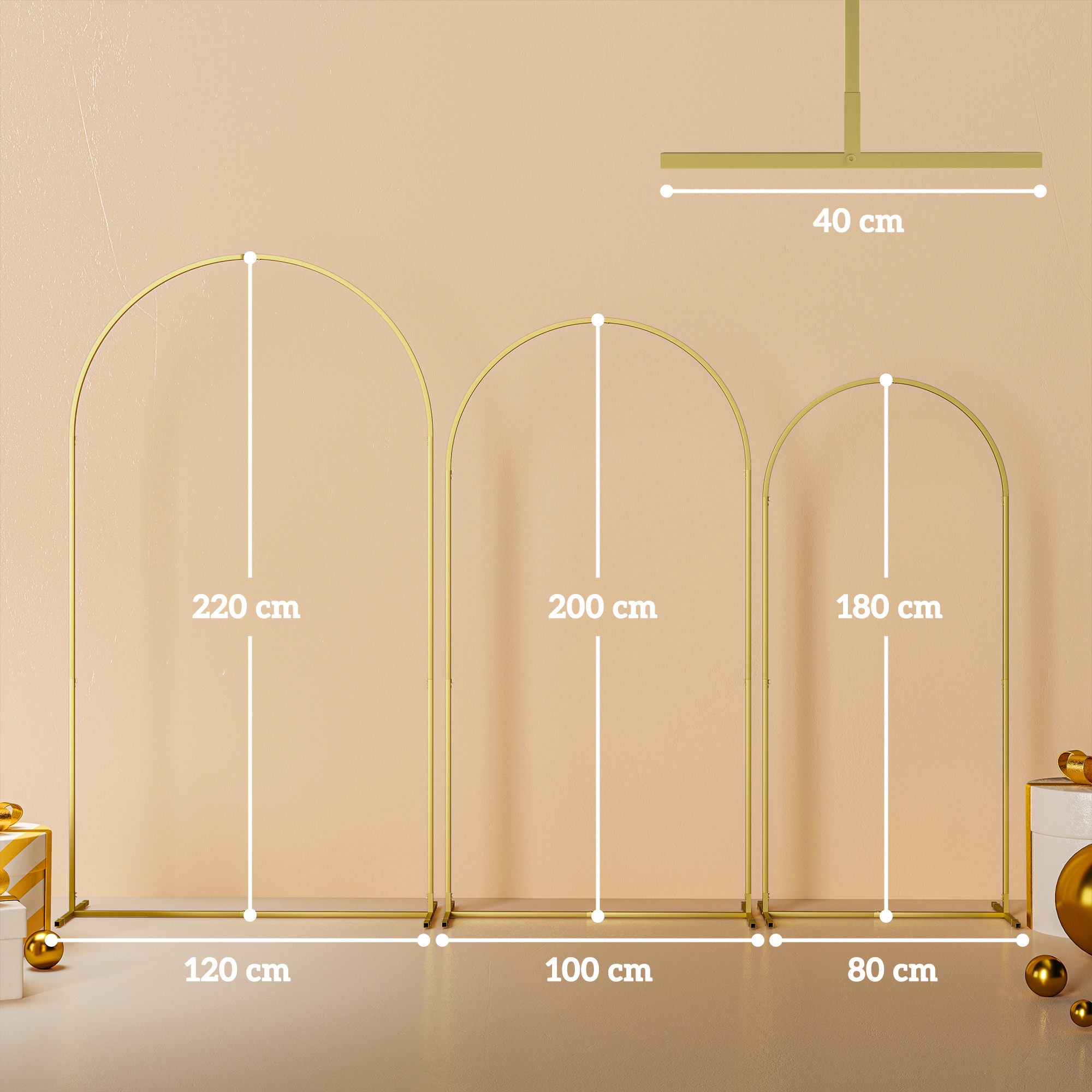 Outsunny Set de 3 Arcos de Jardín para Rosas de Metal, Arcos de Boda de 220/200/180 cm con Recubrimiento en Polvo, Resistente a la Intemperie, para Plantas Trepadoras, Decoración Patio Terraza, Dorado