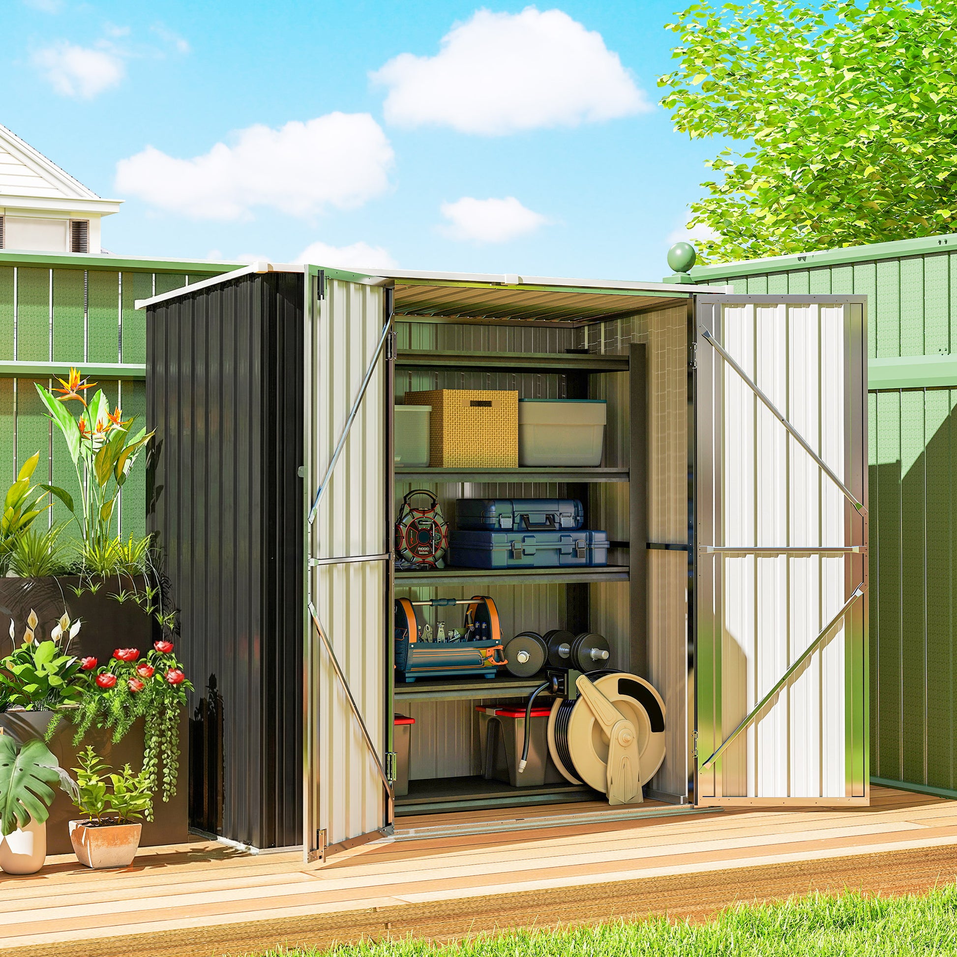 Outsunny Caseta de Jardín Exterior 1,37 m², 163x89x163 cm, Cobertizo de Jardín Exterior Metálico con Techo Inclinado, Puertas con Pestillo y Guantes para Almacenamiento de Herramientas, Gris Oscuro