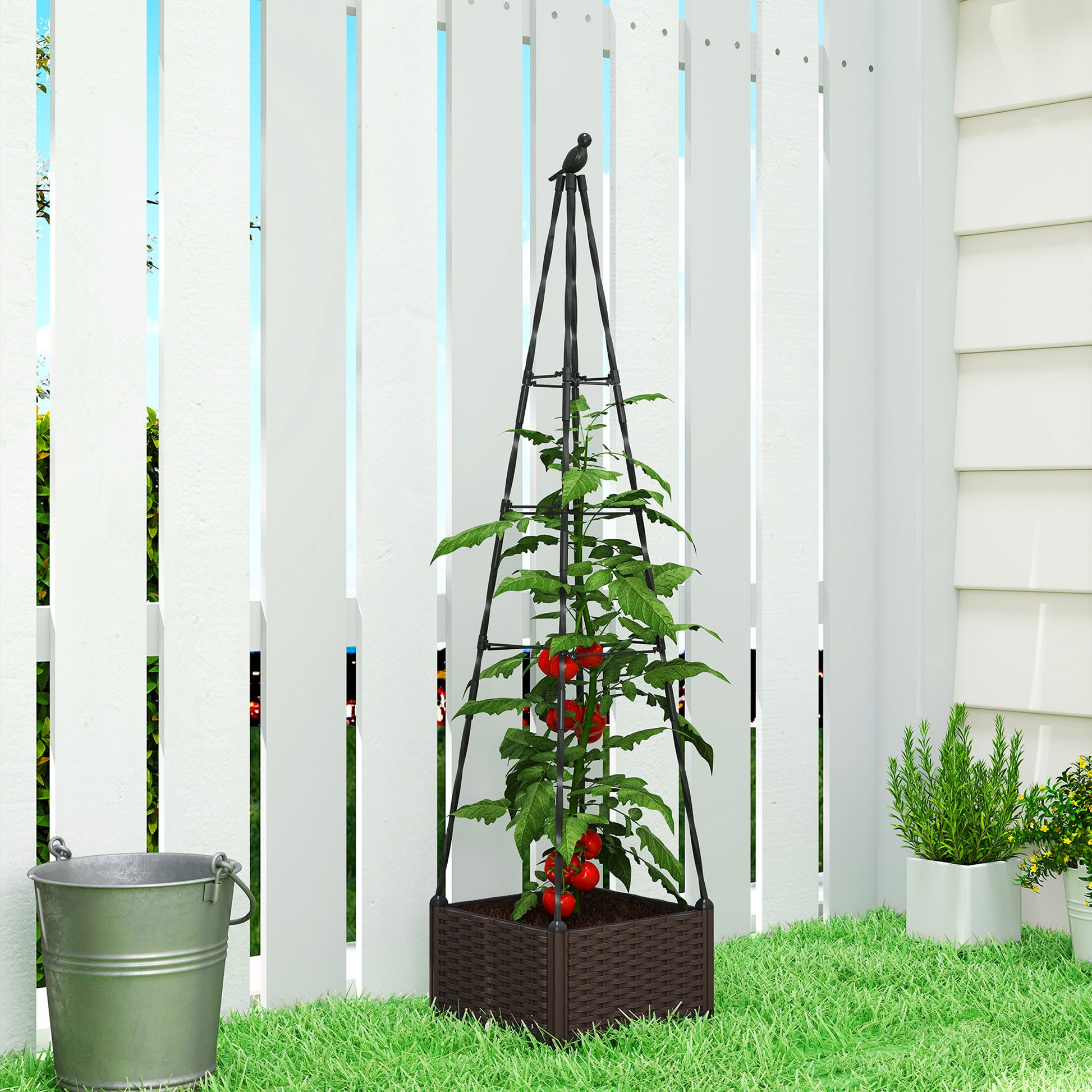 Outsunny Jardinera con Enrejado Metálico, Jardinera Exterior para Plantas Trepadoras, Maceta de PP con Orificios de Drenaje y Tapones, Macetero Elevado para Jardín, Patio, 40x40x175 cm, Negro