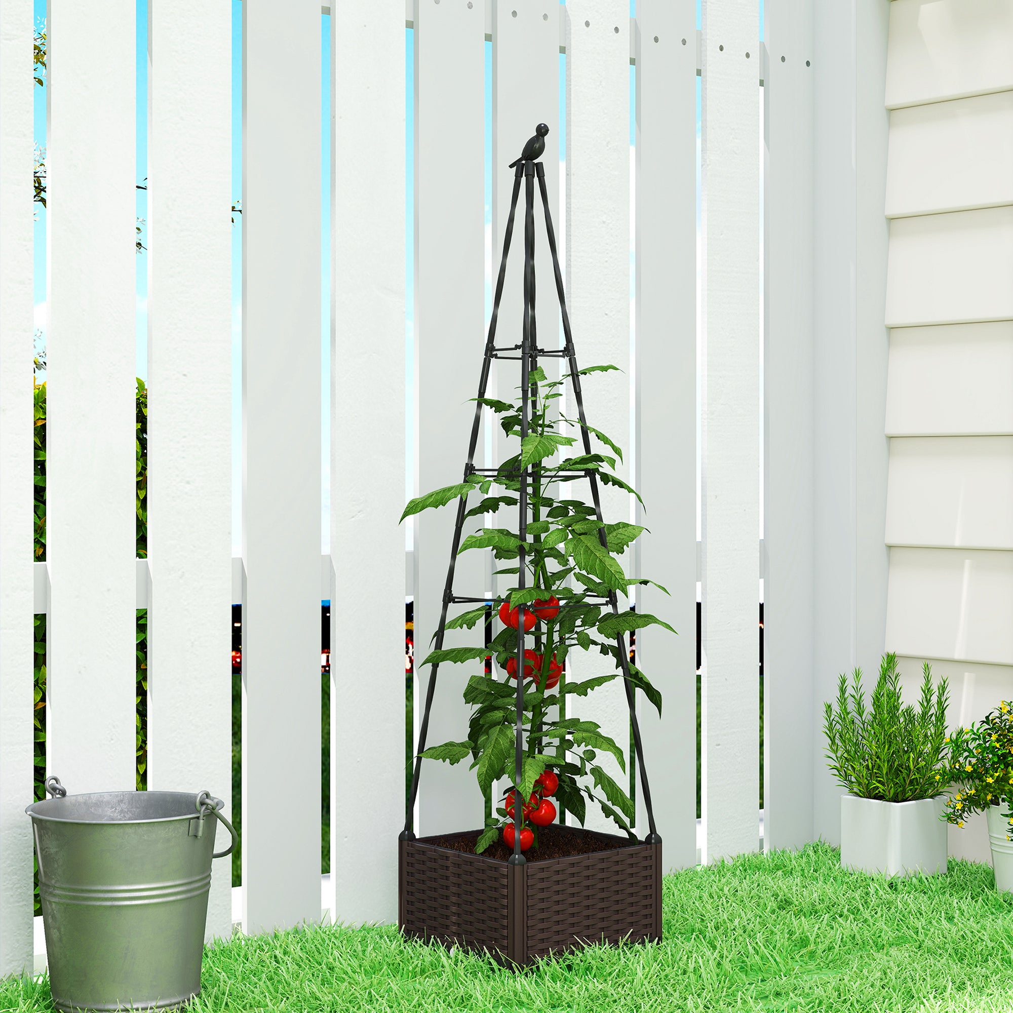 Outsunny Jardinera con Enrejado Metálico, Jardinera Exterior para Plantas Trepadoras, Maceta de PP con Orificios de Drenaje y Tapones, Macetero Elevado para Jardín, Patio, 40x40x175 cm, Negro