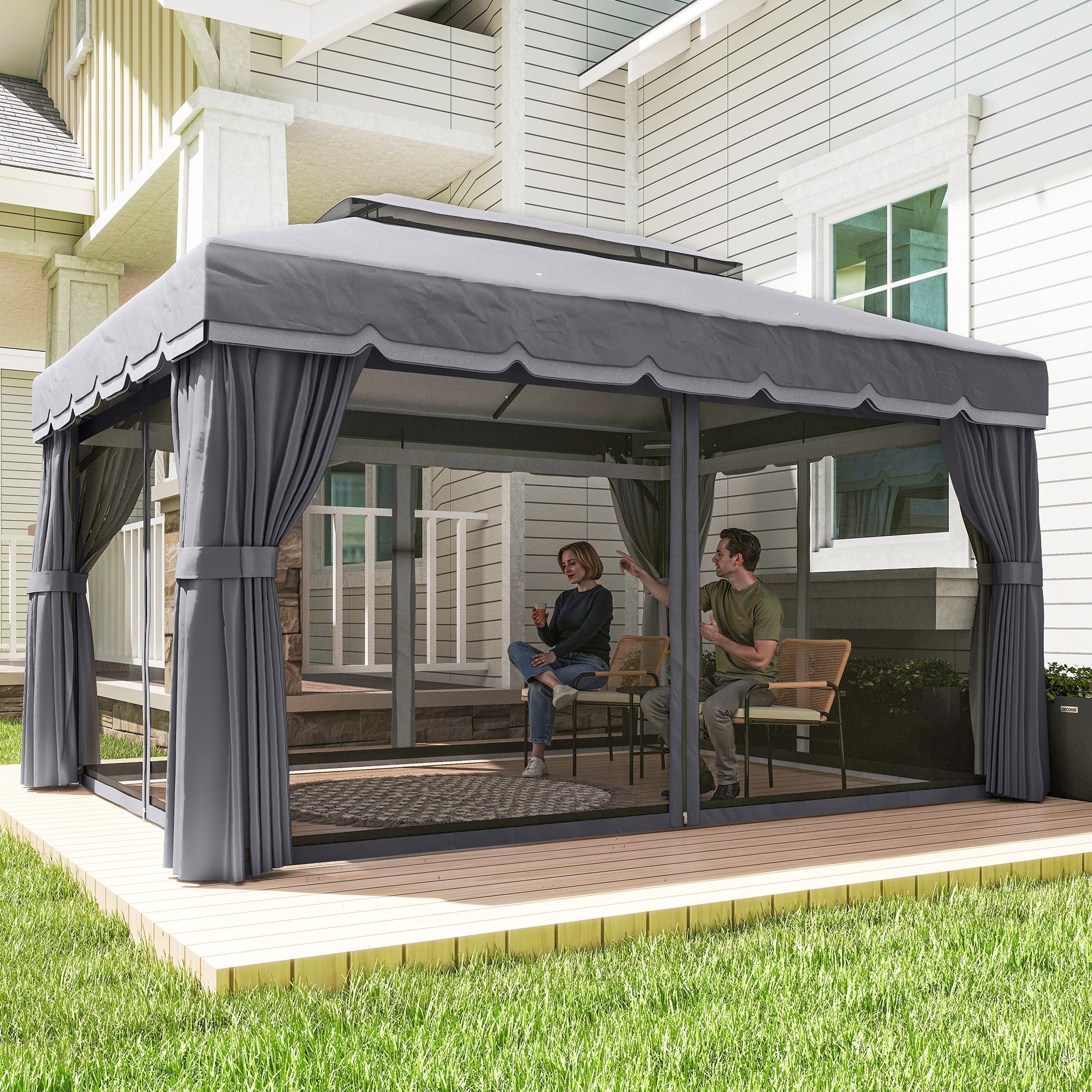 Outsunny Cenador de Jardín 4x3 m, Pabellón de Jardín Gazebo con Doble Techo, 4 Cortinas y Mosquitera, Marco de Aluminio, Orificios de Drenaje, UPF50+, Carpa para Exterior, Terraza, Patio, Gris Oscuro