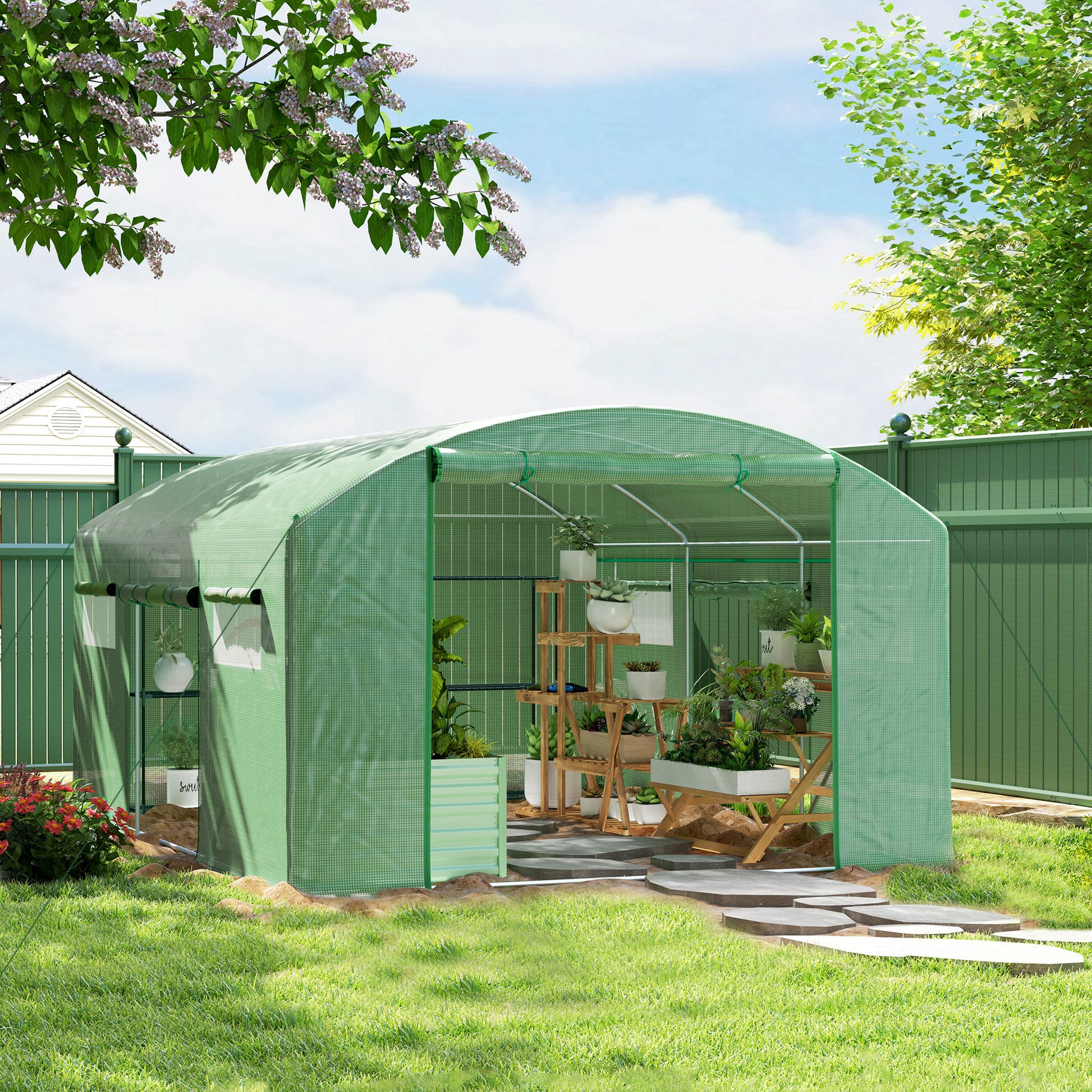 Outsunny Invernadero de Exterior 4x3x2 m Invernadero de Túnel con 6 Ventanas de Malla Cubierta de PE Anti-UV y 3 Puertas Enrollables con Cremallera para Jardín Patio Verde