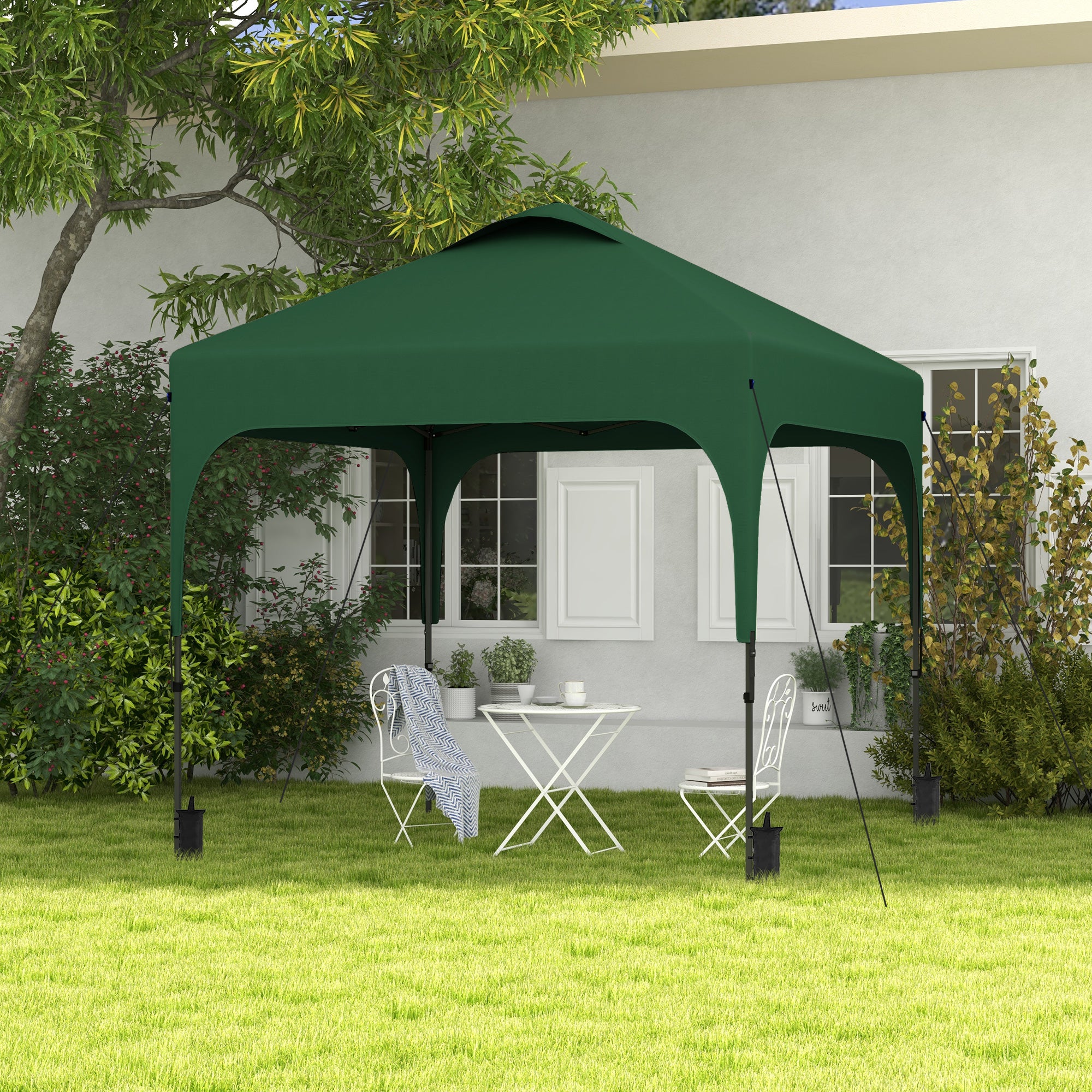 Outsunny Cenador Plegable Pop-UP 2,5x2,5x2,68 m Carpa de Jardín Protección UV 50+ Ajustable en Altura con 4 Bolsas de Arena y Bolsa de Transporte para Camping Fiestas Patio Verde Oscuro