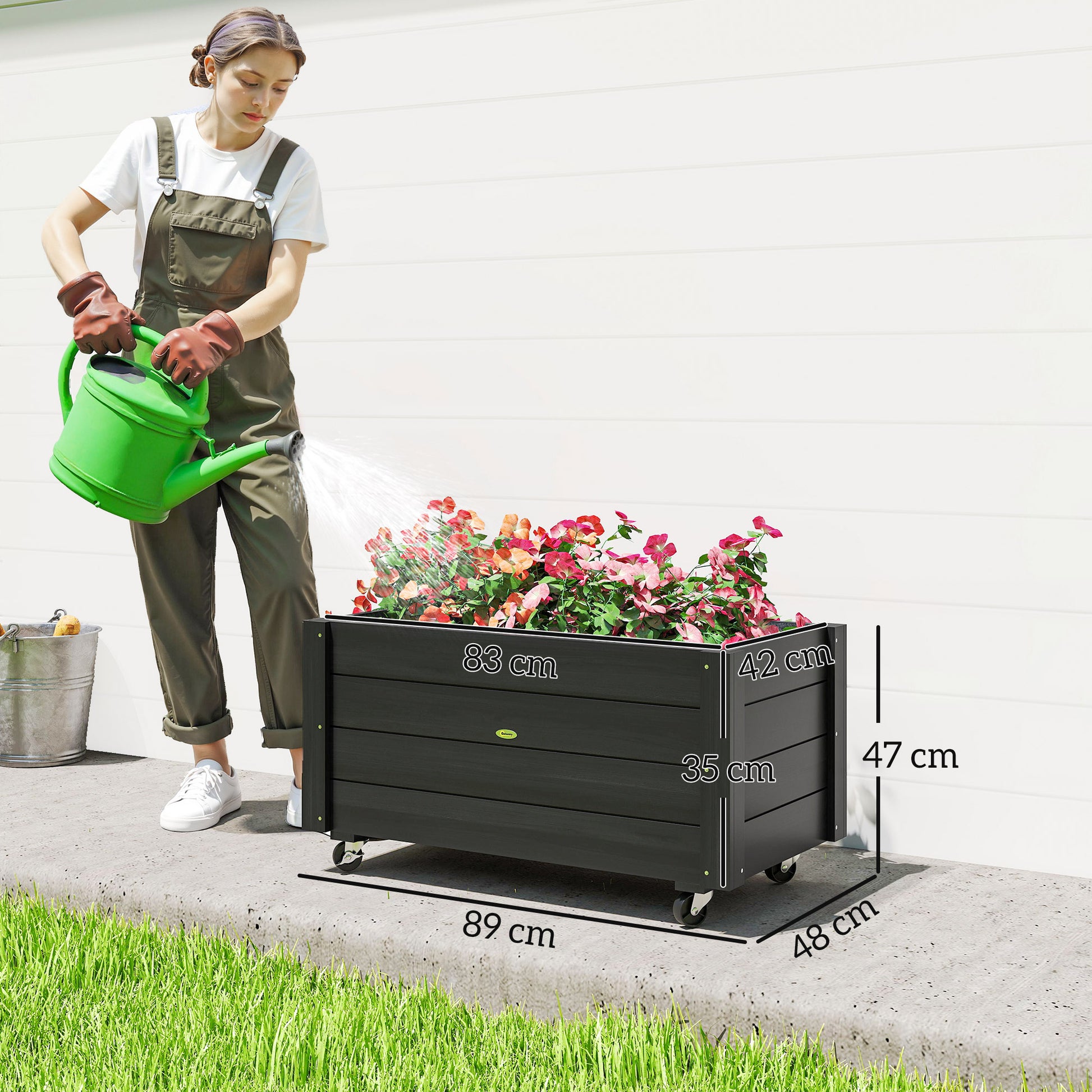Outsunny Jardinera de Madera con Ruedas, Huerto Urbano para Cultivar Plantas, Macetero Exterior con Orificios de Drenaje y Tela no Tejida, para Jardin, Terraza, Balcón y Patio, 89x48x47 cm, Negro