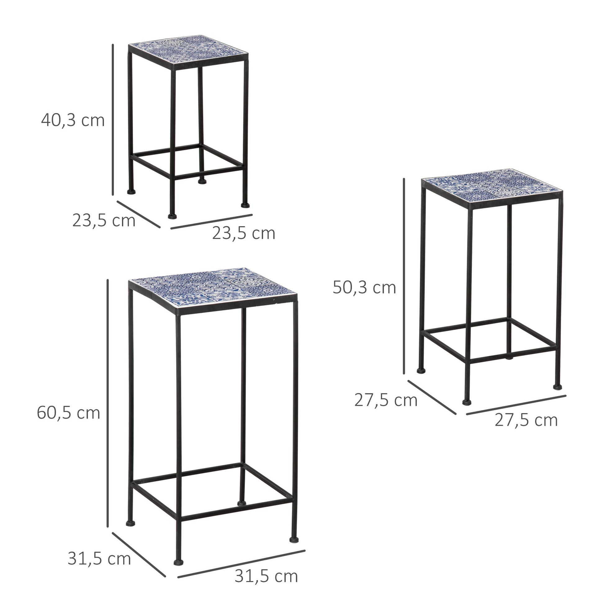 Outsunny Soportes para Plantas de Metal 3 Piezas Apilables Estantes Porta Macetas con Encimera de Azulejo Decorativa para Interiores y Exteriores 31,5x31,5x60,5 cm Azul y Negro