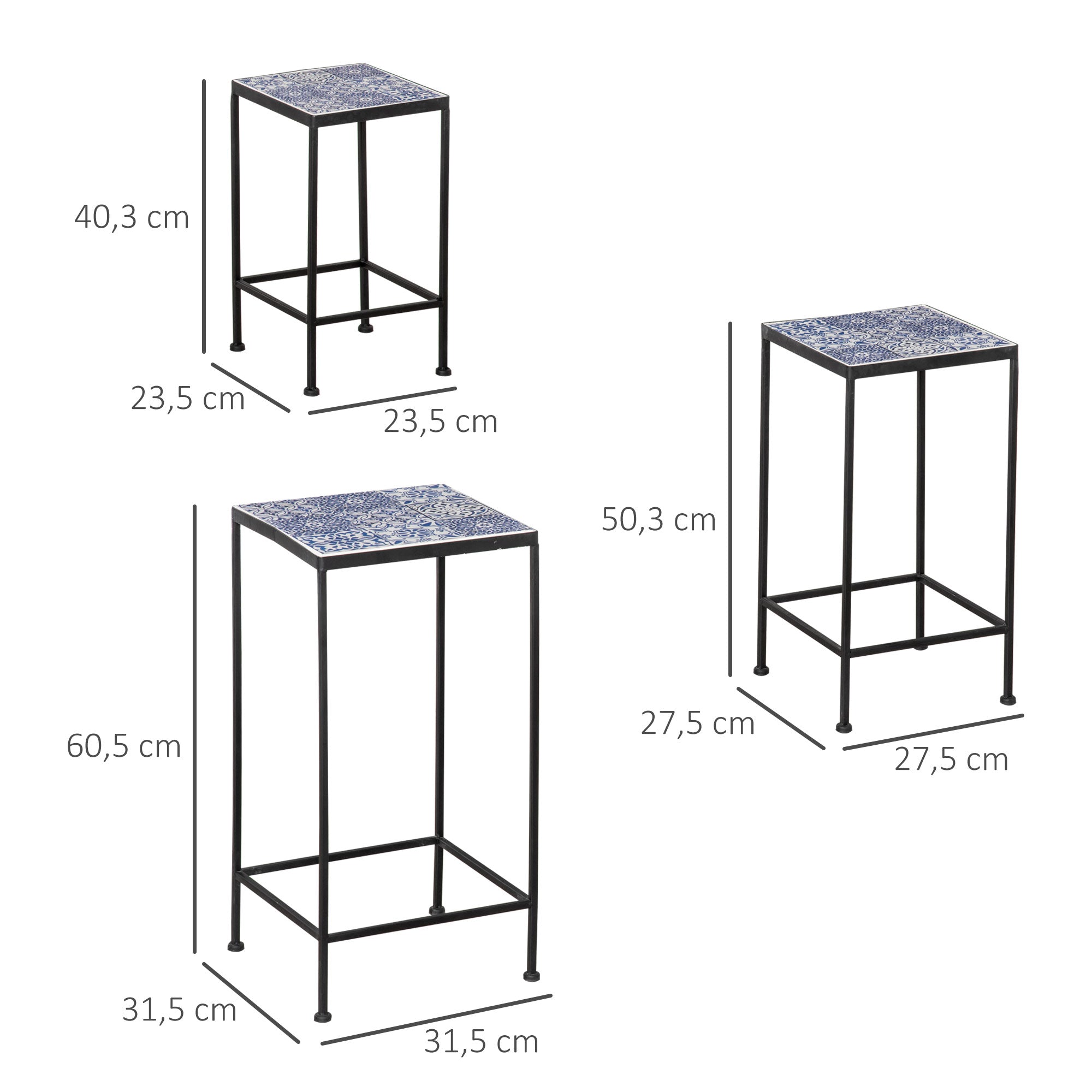 Outsunny Soportes para Plantas de Metal 3 Piezas Apilables Estantes Porta Macetas con Encimera de Azulejo Decorativa para Interiores y Exteriores 31,5x31,5x60,5 cm Azul y Negro