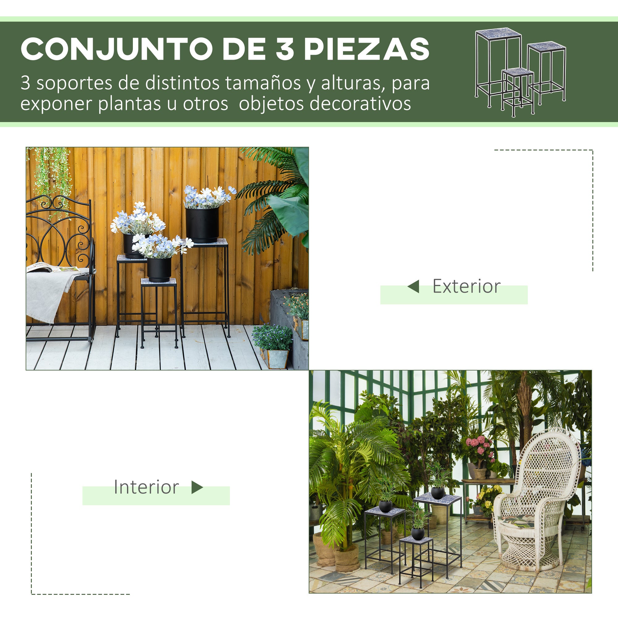 Outsunny Soportes para Plantas de Metal 3 Piezas Apilables Estantes Porta Macetas con Encimera de Azulejo Decorativa para Interiores y Exteriores 31,5x31,5x60,5 cm Azul y Negro