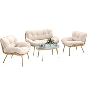 Outsunny Conjunto de Jardín Exterior de Ratán, Muebles Jardín Exterior 4 Piezas, con Cojines, Sofá Doble, 2 Sillones y Mesa de Centro de Cristal, Estructura de Metal, Beige